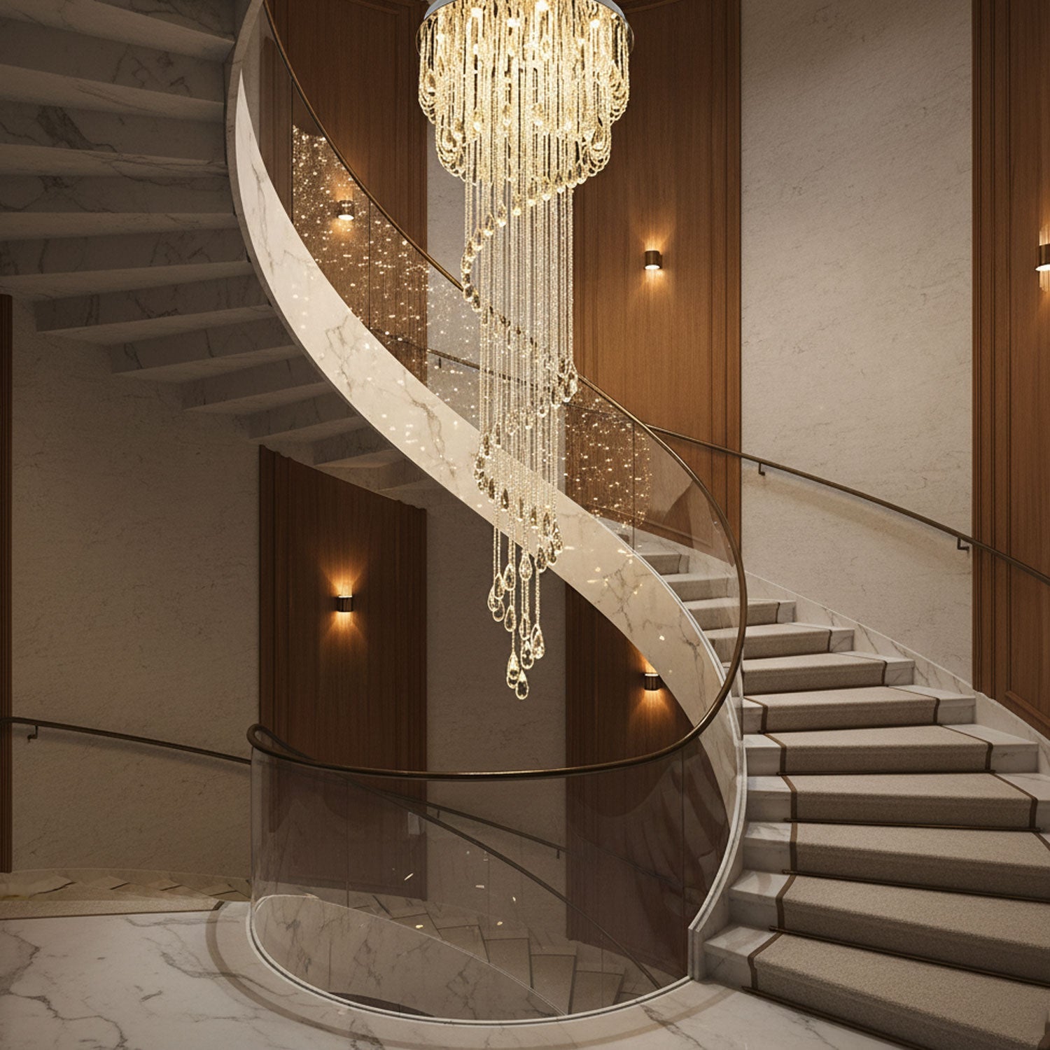 LED Spiral Chandelier | Crystal & Stainless Steel, Warm to Cool Light Options for Indoor Staircases