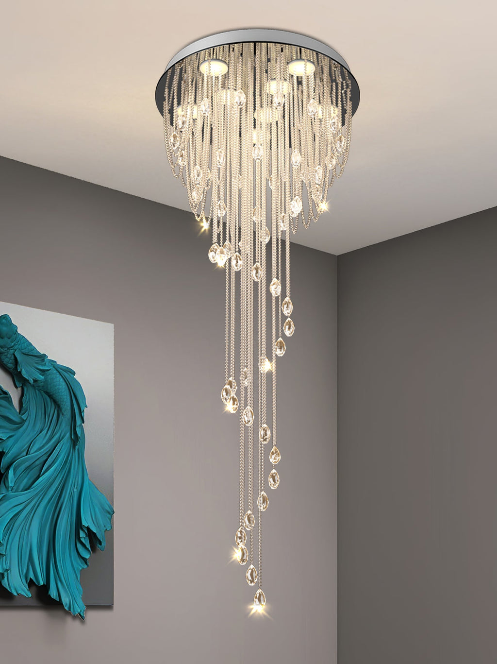 LED Spiral Chandelier | Crystal & Stainless Steel, Warm to Cool Light Options for Indoor Staircases