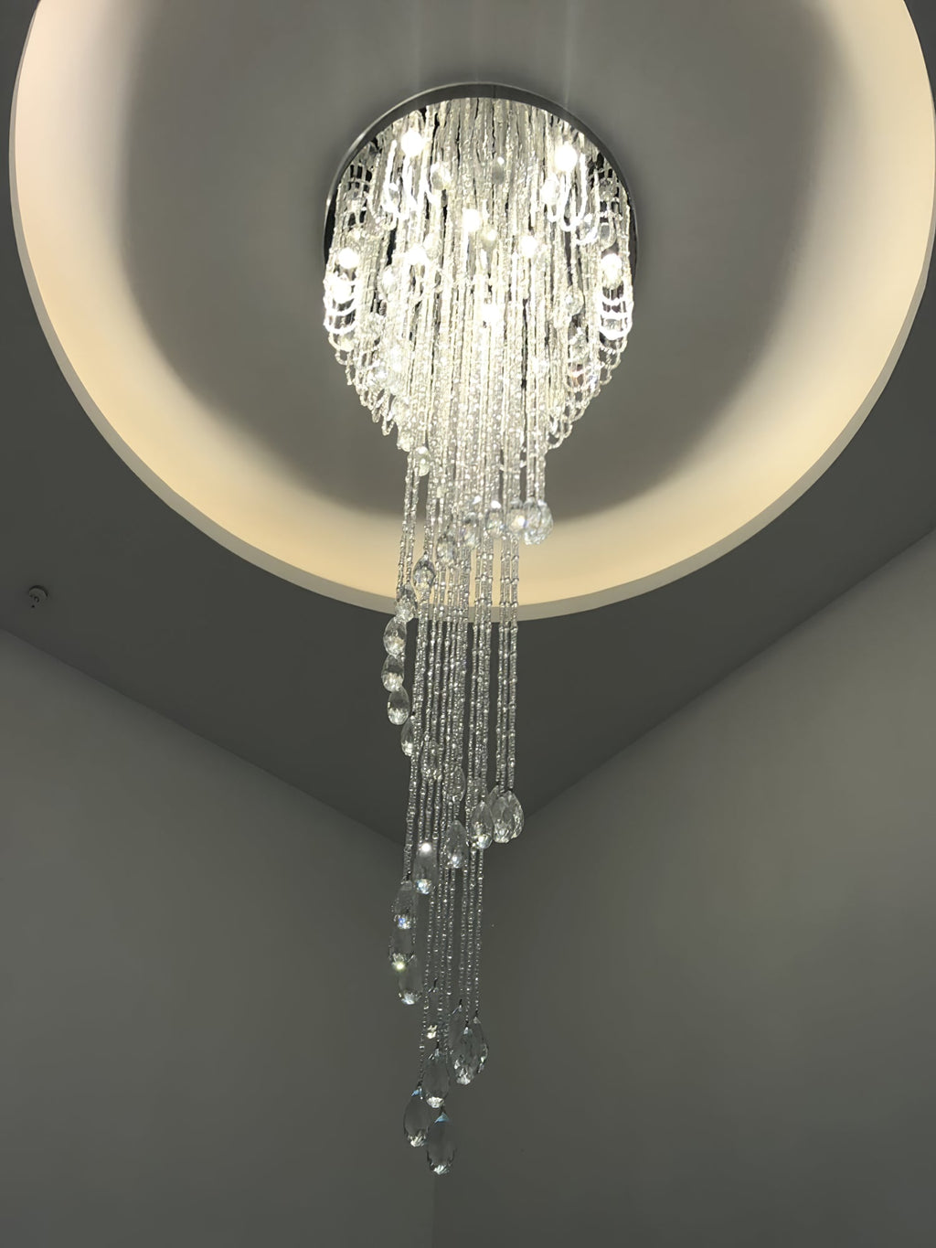 LED Spiral Chandelier | Crystal & Stainless Steel, Warm to Cool Light Options for Indoor Staircases