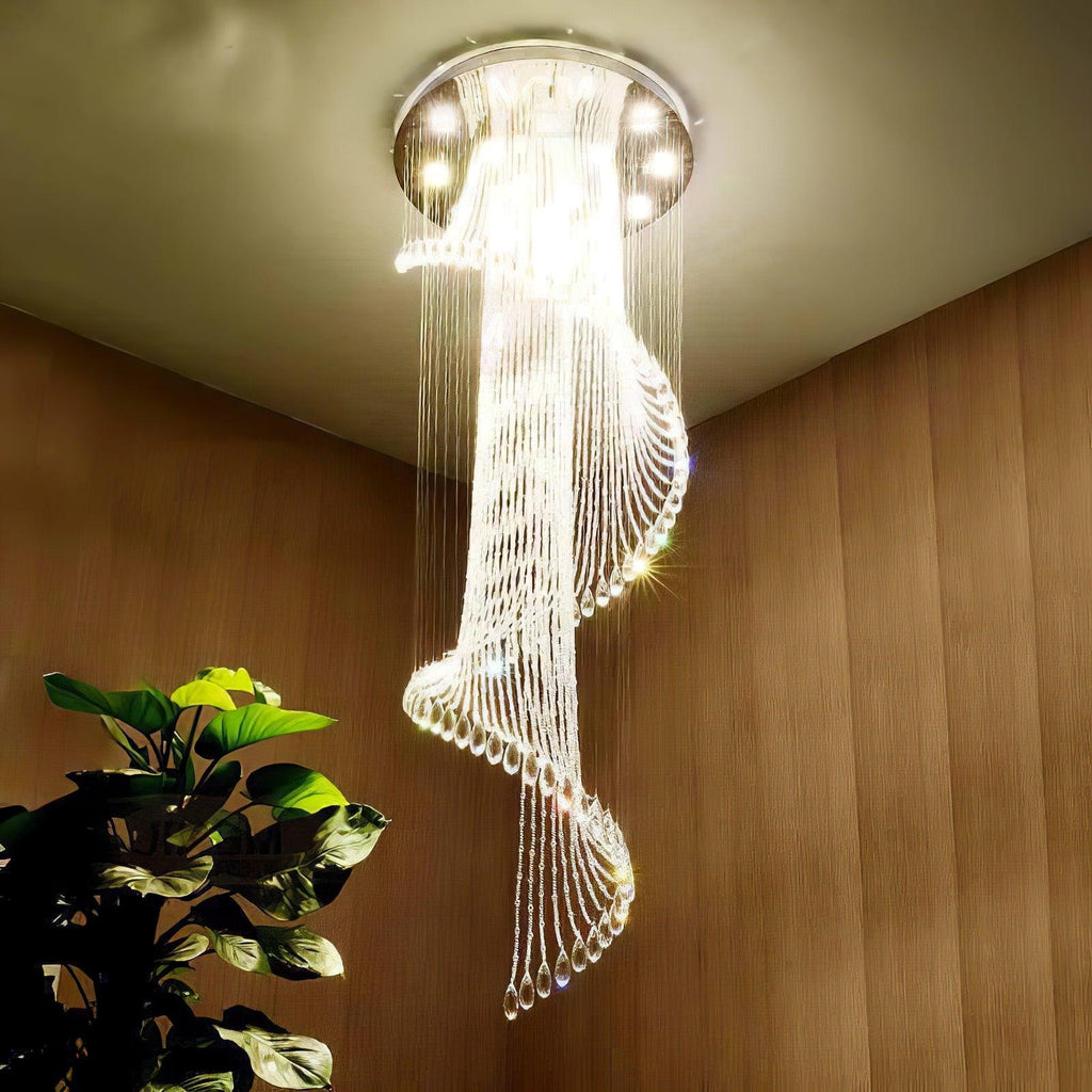 LED Spiral Chandelier | Crystal & Stainless Steel, Warm to Cool Light Options for Indoor Staircases