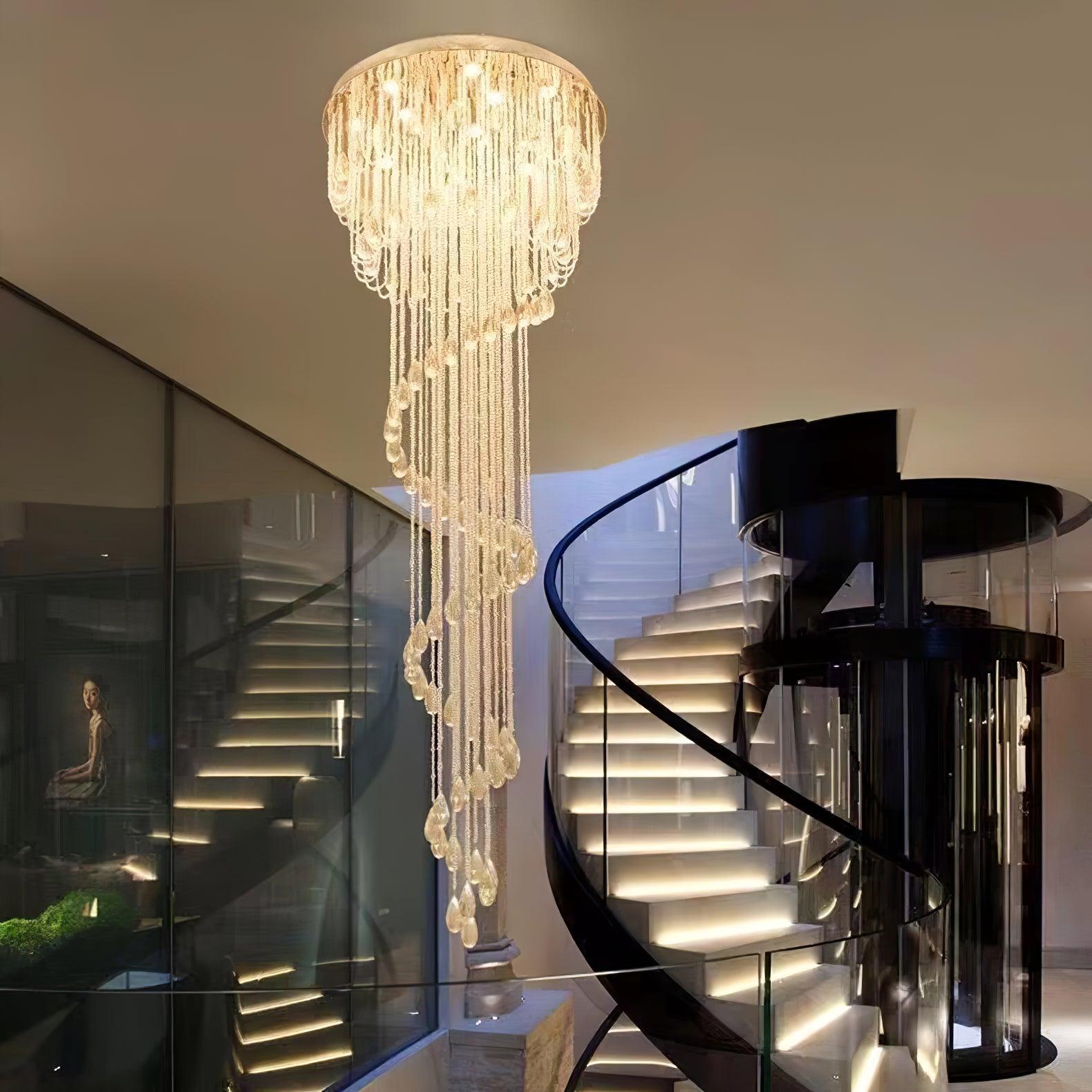 LED Spiral Chandelier | Crystal & Stainless Steel, Warm to Cool Light Options for Indoor Staircases
