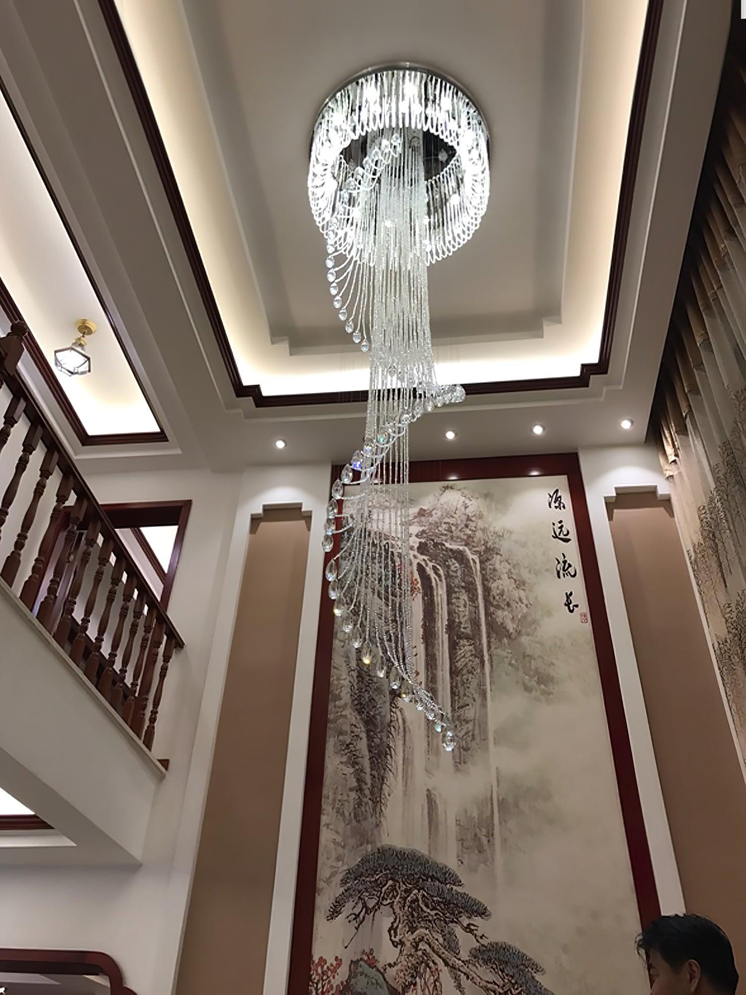 LED Spiral Chandelier | Crystal & Stainless Steel, Warm to Cool Light Options for Indoor Staircases
