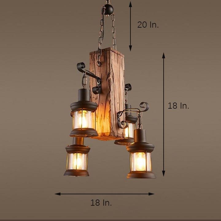 Farmhouse Wooden Chandelier with 4 Lantern Lights for Dining Room & Rustic Decor