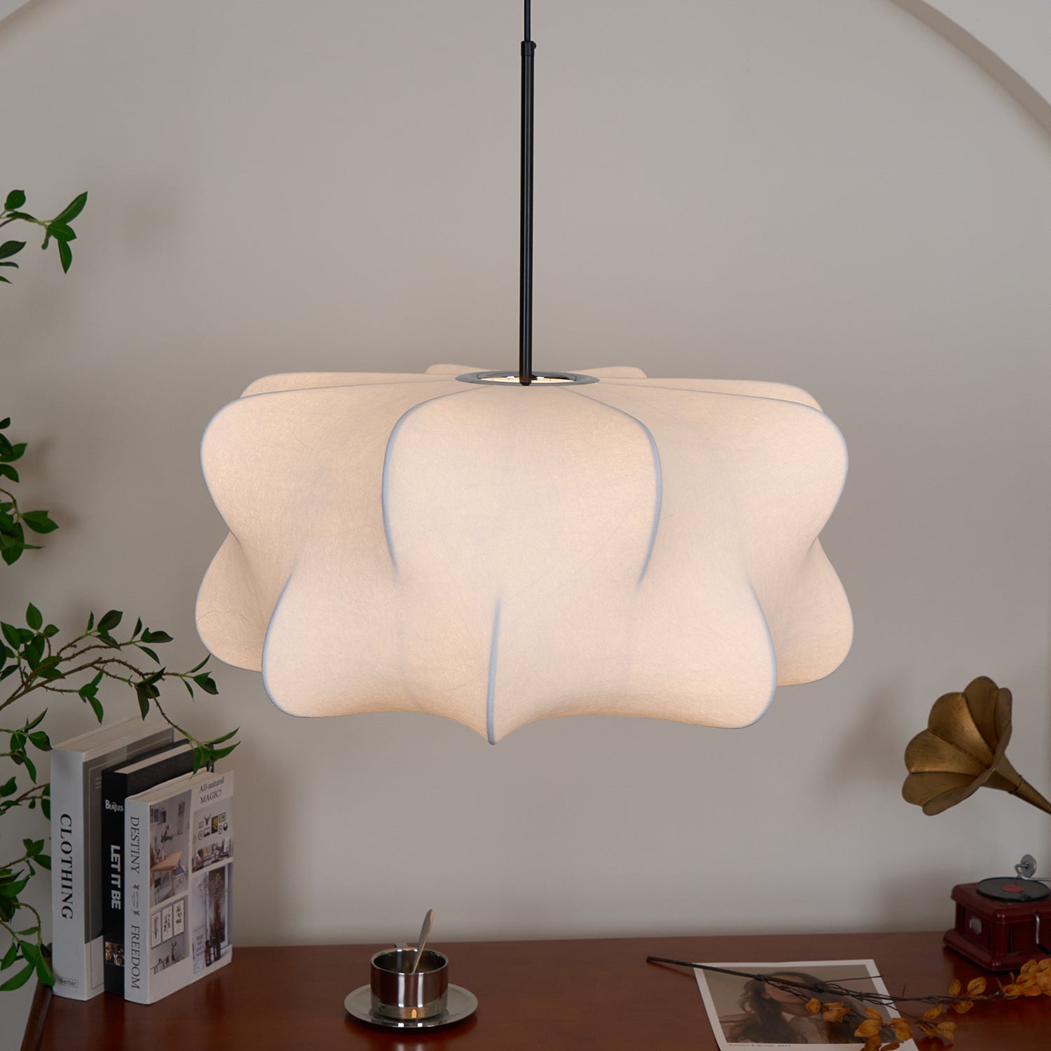 Cocoon-Style Pendant Light | Silk & Iron, Adjustable Height for Dining Room & Living Room
