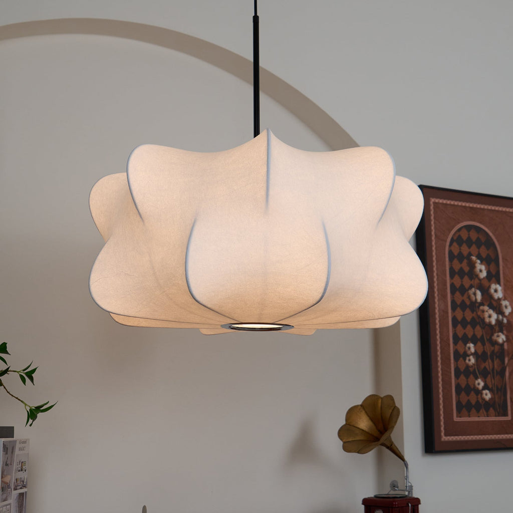 Cocoon-Style Pendant Light | Silk & Iron, Adjustable Height for Dining Room & Living Room