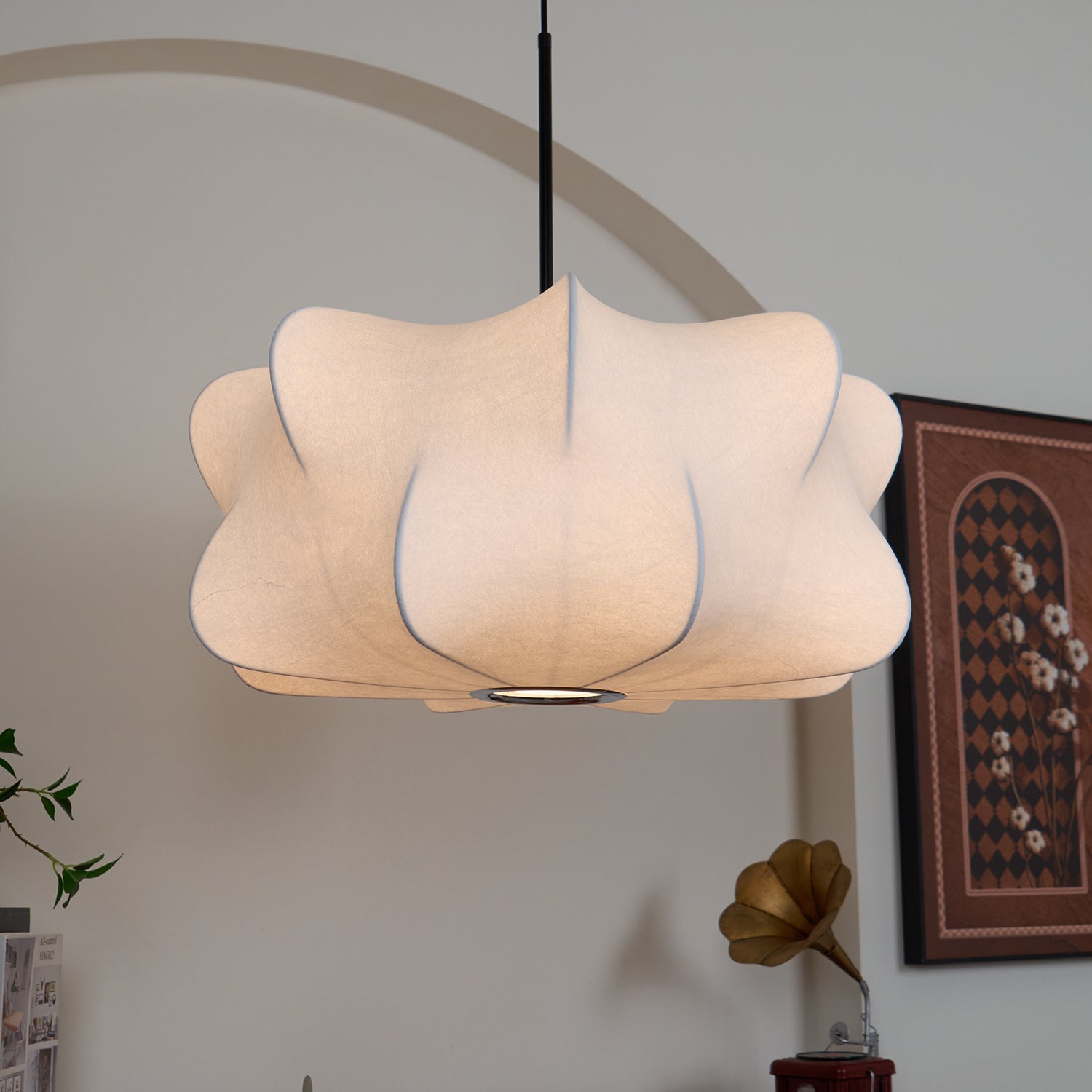 Cocoon-Style Pendant Light | Silk & Iron, Adjustable Height for Dining Room & Living Room