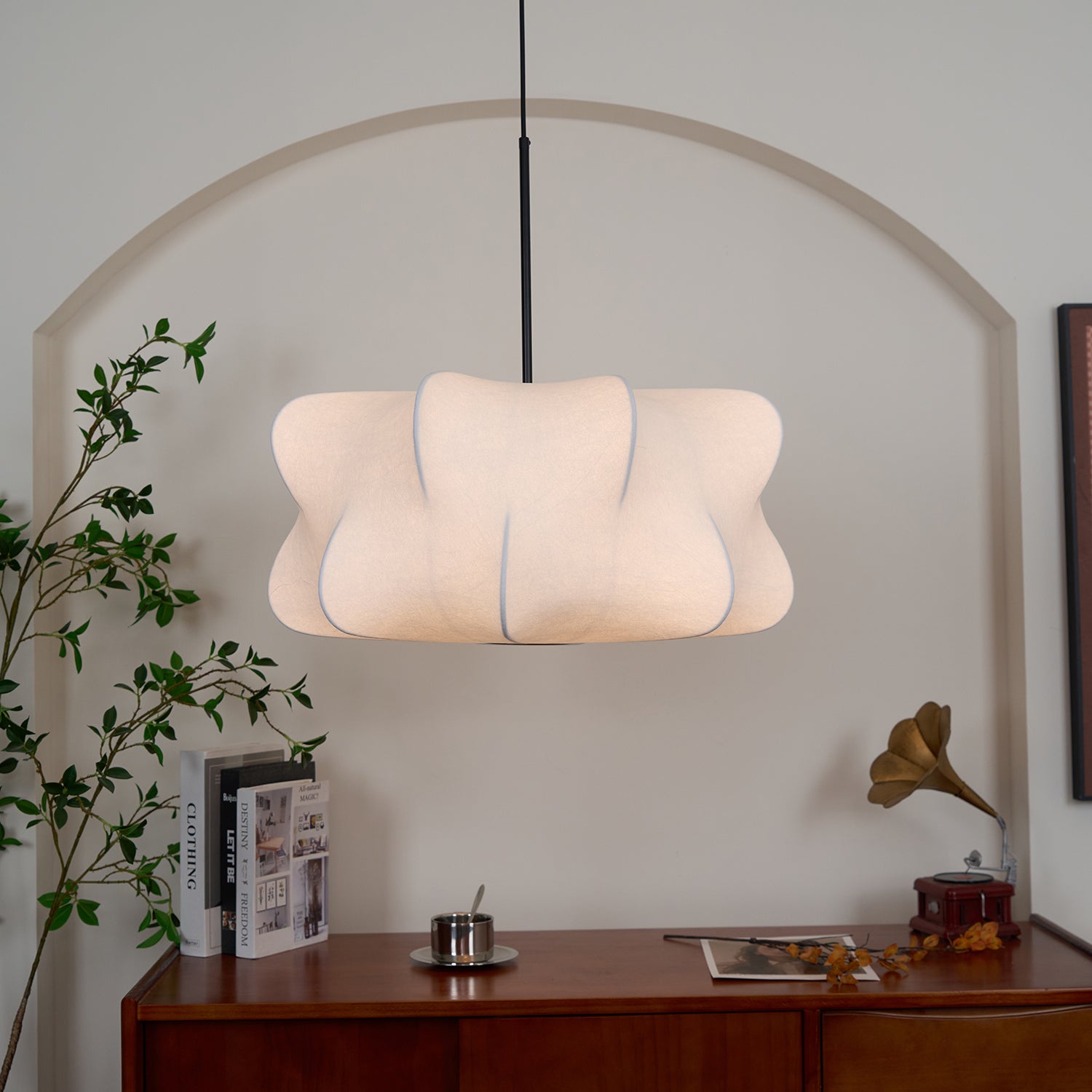 Cocoon-Style Pendant Light | Silk & Iron, Adjustable Height for Dining Room & Living Room