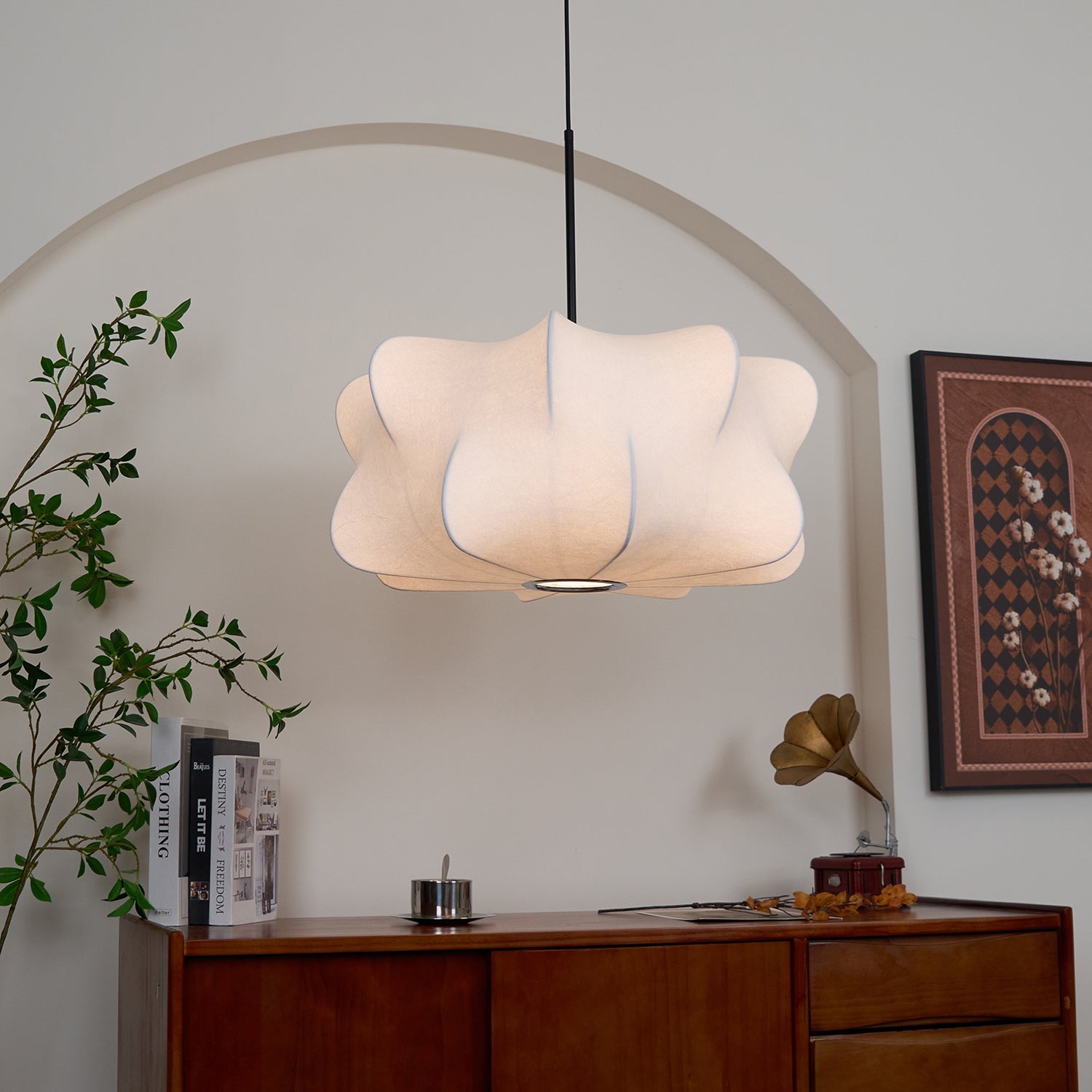 Cocoon-Style Pendant Light | Silk & Iron, Adjustable Height for Dining Room & Living Room
