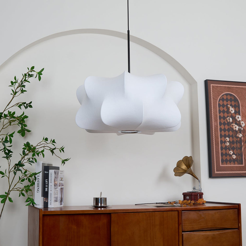 Cocoon-Style Pendant Light | Silk & Iron, Adjustable Height for Dining Room & Living Room