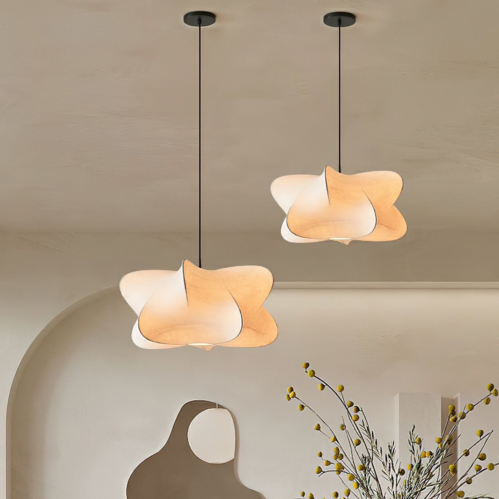 Cocoon-Style Pendant Light | Silk & Iron, Adjustable Height for Dining Room & Living Room