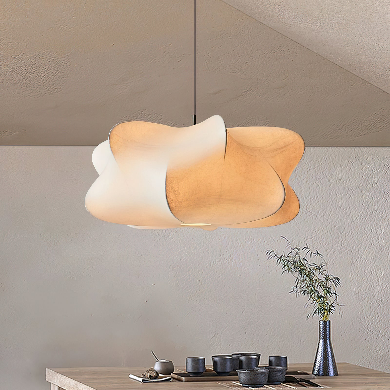 Cocoon-Style Pendant Light | Silk & Iron, Adjustable Height for Dining Room & Living Room