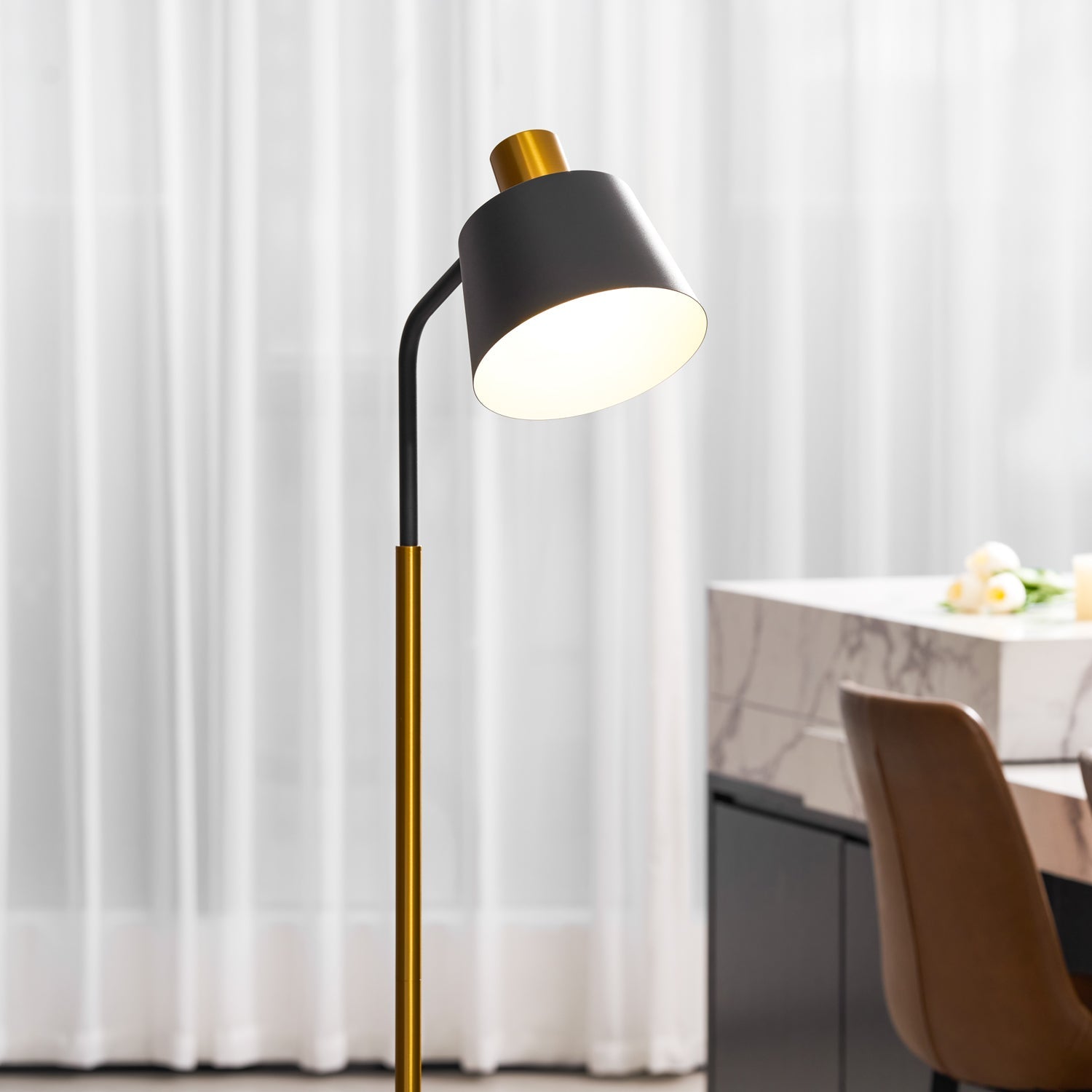 Mid-Century Modern Floor Lamp | Adjustable Shade, Gold Base & Ideal for Small Spaces