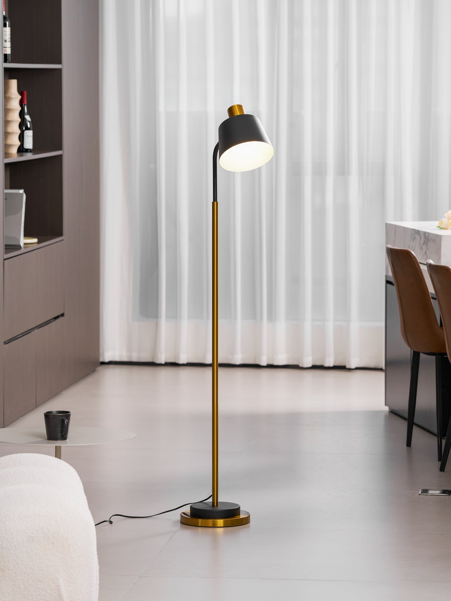 Mid-Century Modern Floor Lamp | Adjustable Shade, Gold Base & Ideal for Small Spaces