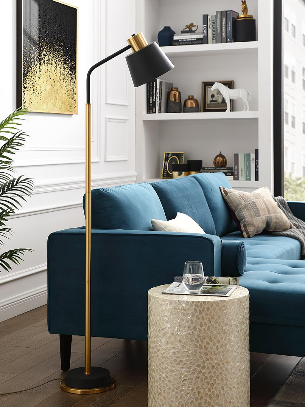 Mid-Century Modern Floor Lamp | Adjustable Shade, Gold Base & Ideal for Small Spaces