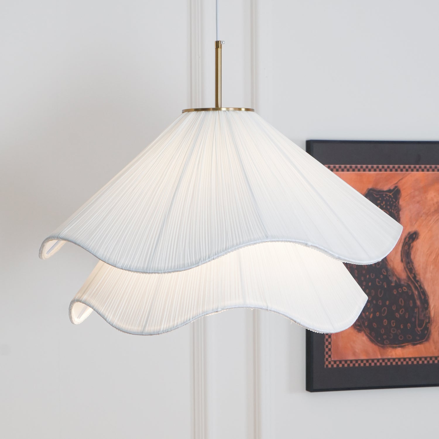 Ethereal Bloom Plug-in Pendant Light | White Fabric Shade, Gold Hardware & Ideal for Dining Rooms and Living Spaces