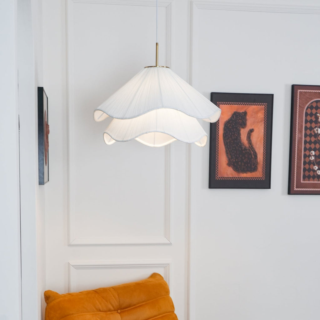 Ethereal Bloom Plug-in Pendant Light | White Fabric Shade, Gold Hardware & Ideal for Dining Rooms and Living Spaces