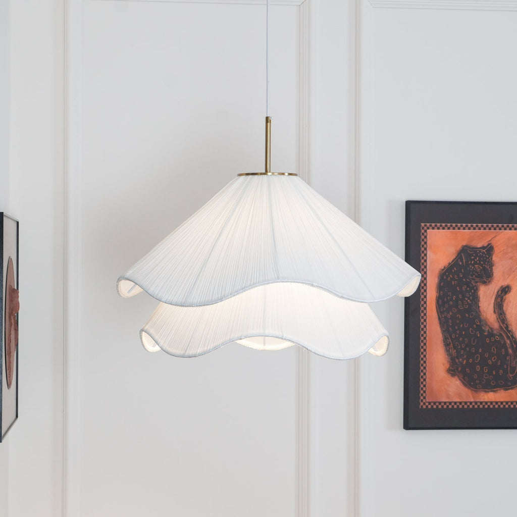 Ethereal Bloom Plug-in Pendant Light | White Fabric Shade, Gold Hardware & Ideal for Dining Rooms and Living Spaces