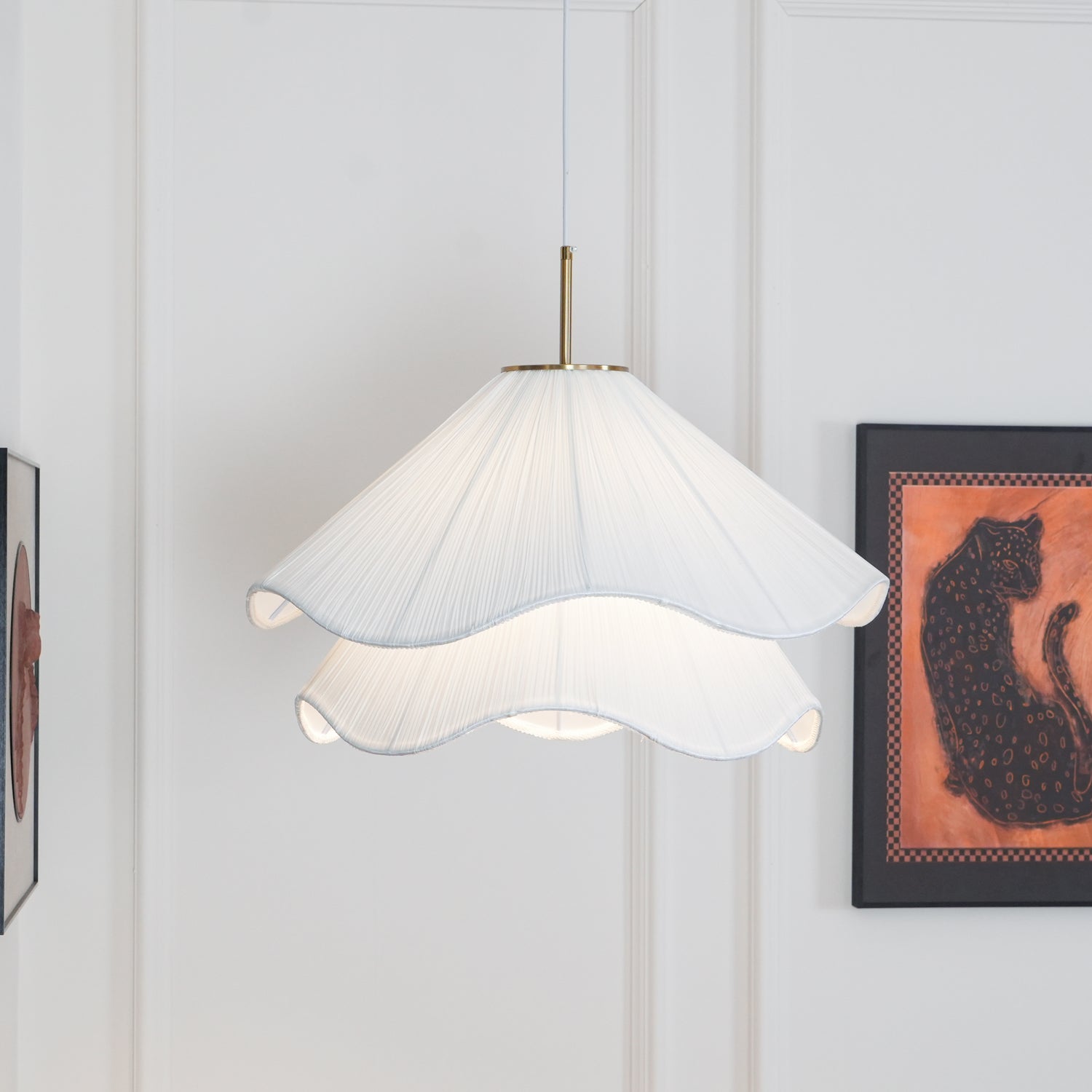 Ethereal Bloom Plug-in Pendant Light | White Fabric Shade, Gold Hardware & Ideal for Dining Rooms and Living Spaces