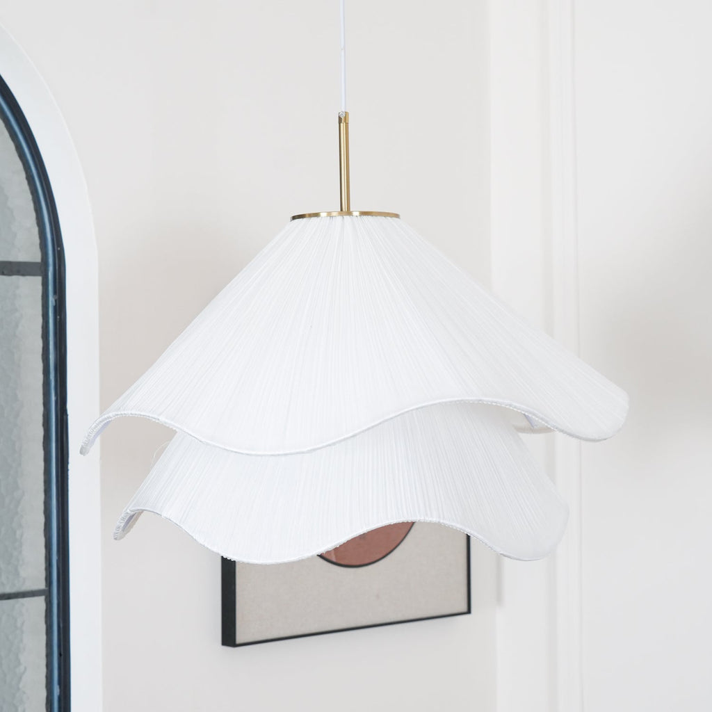 Ethereal Bloom Plug-in Pendant Light | White Fabric Shade, Gold Hardware & Ideal for Dining Rooms and Living Spaces