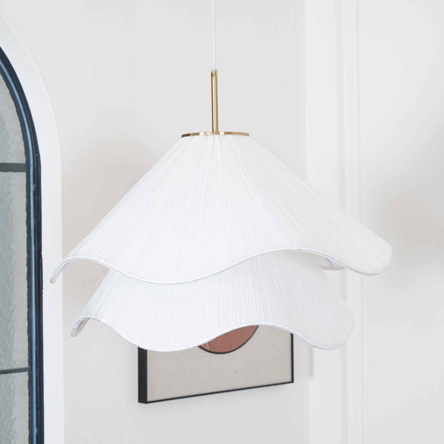 Ethereal Bloom Plug-in Pendant Light | White Fabric Shade, Gold Hardware & Ideal for Dining Rooms and Living Spaces