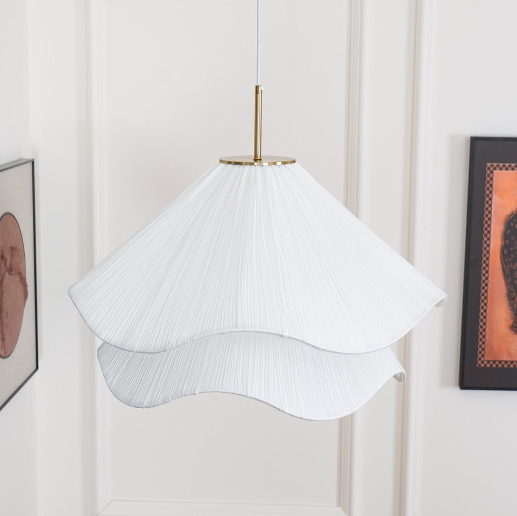 Ethereal Bloom Plug-in Pendant Light | White Fabric Shade, Gold Hardware & Ideal for Dining Rooms and Living Spaces