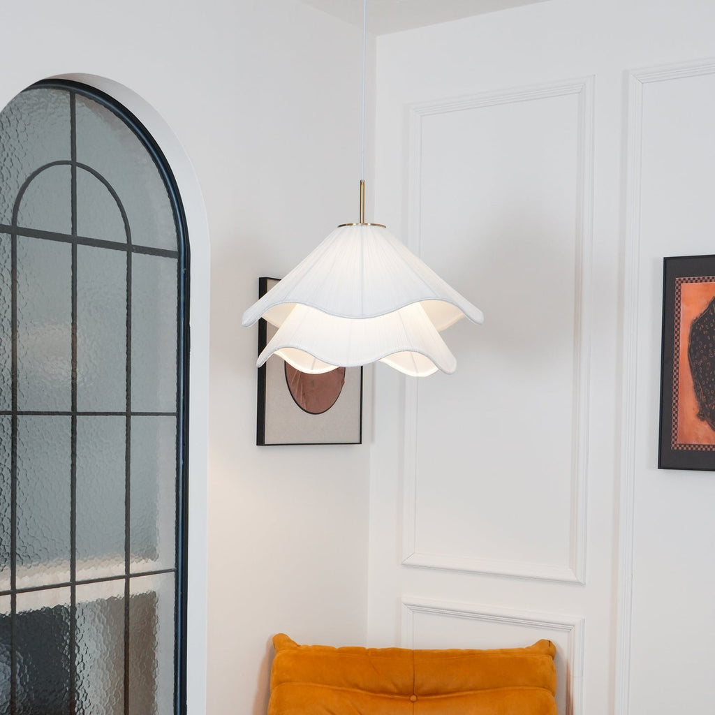 Ethereal Bloom Plug-in Pendant Light | White Fabric Shade, Gold Hardware & Ideal for Dining Rooms and Living Spaces