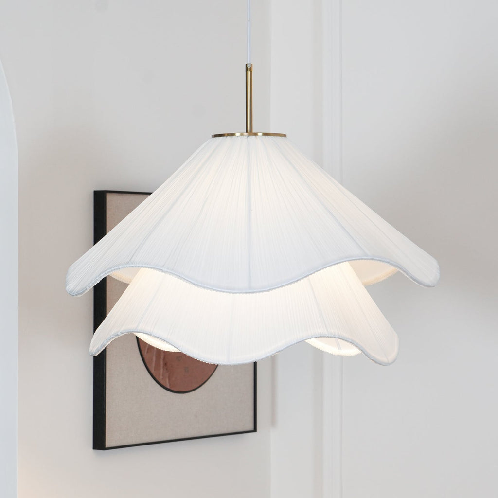 Ethereal Bloom Plug-in Pendant Light | White Fabric Shade, Gold Hardware & Ideal for Dining Rooms and Living Spaces