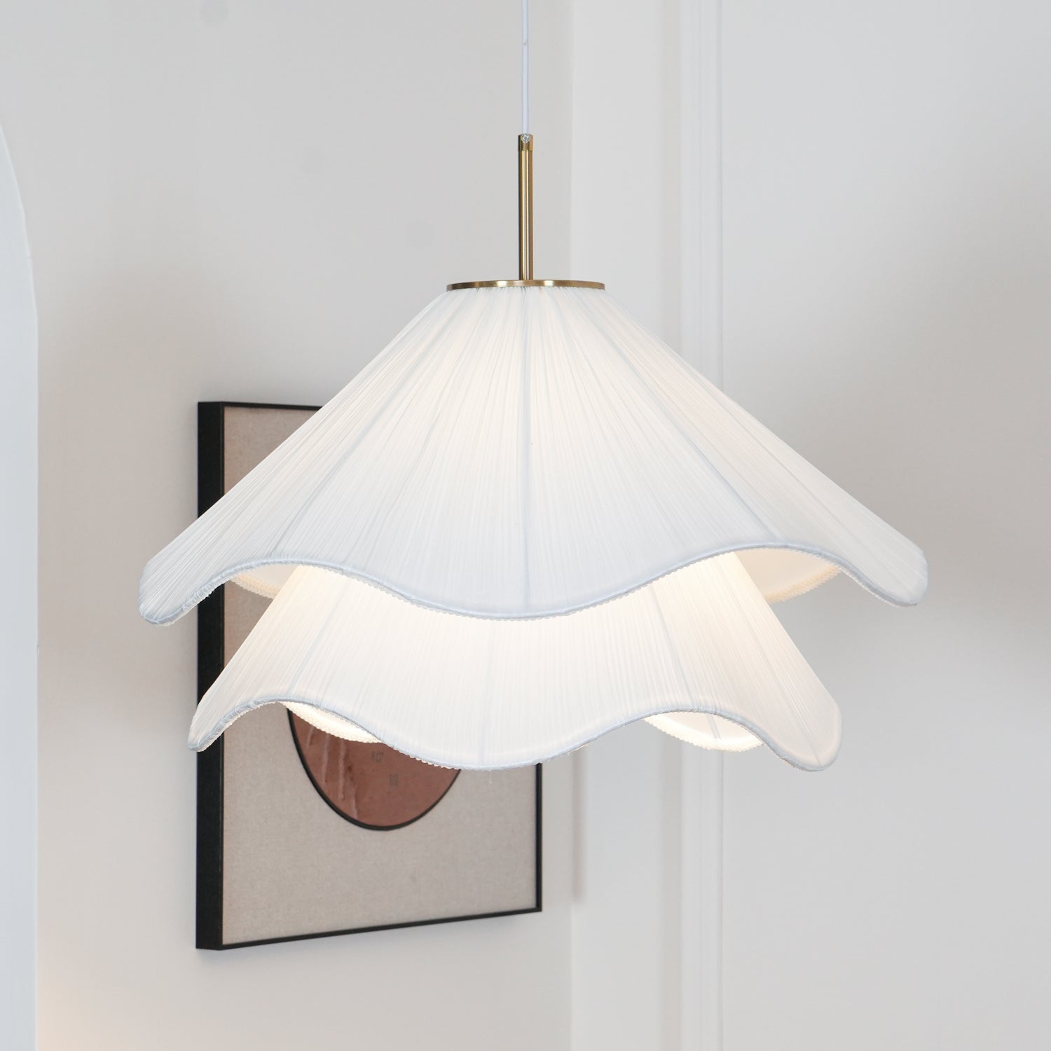 Ethereal Bloom Plug-in Pendant Light | White Fabric Shade, Gold Hardware & Ideal for Dining Rooms and Living Spaces
