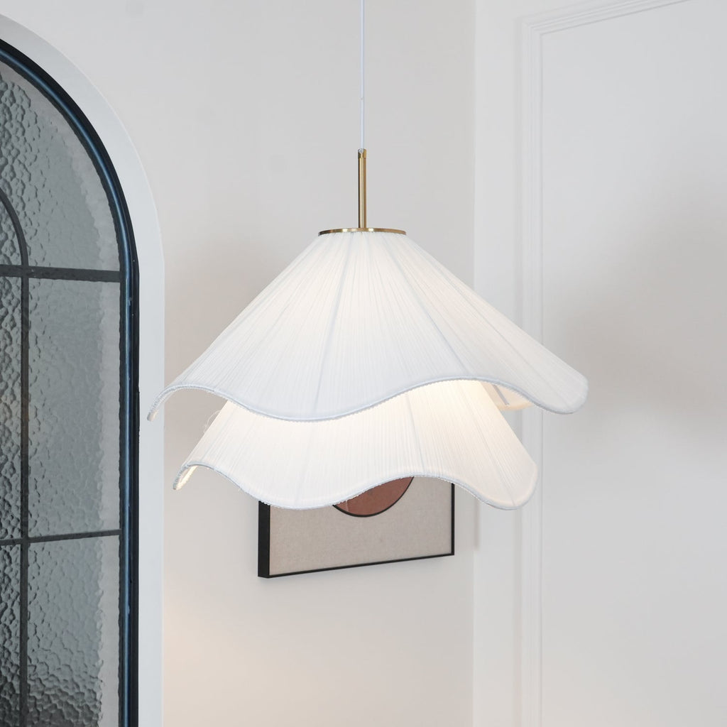 Ethereal Bloom Plug-in Pendant Light | White Fabric Shade, Gold Hardware & Ideal for Dining Rooms and Living Spaces