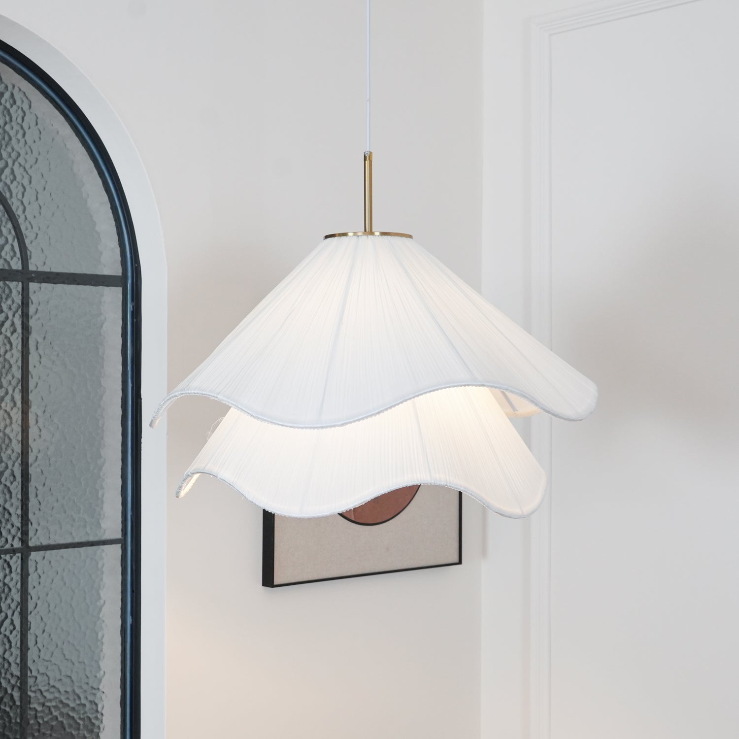 Ethereal Bloom Plug-in Pendant Light | White Fabric Shade, Gold Hardware & Ideal for Dining Rooms and Living Spaces