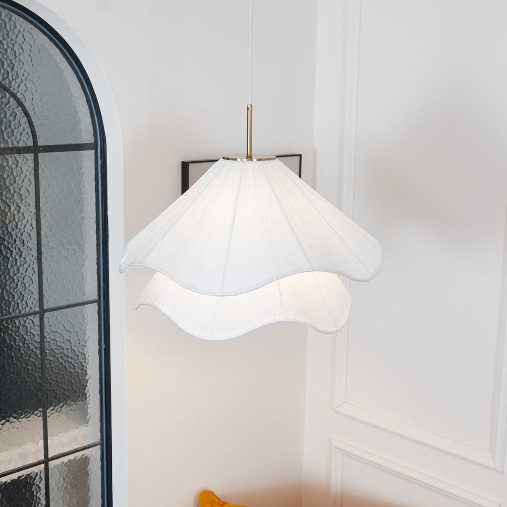 Ethereal Bloom Plug-in Pendant Light | White Fabric Shade, Gold Hardware & Ideal for Dining Rooms and Living Spaces