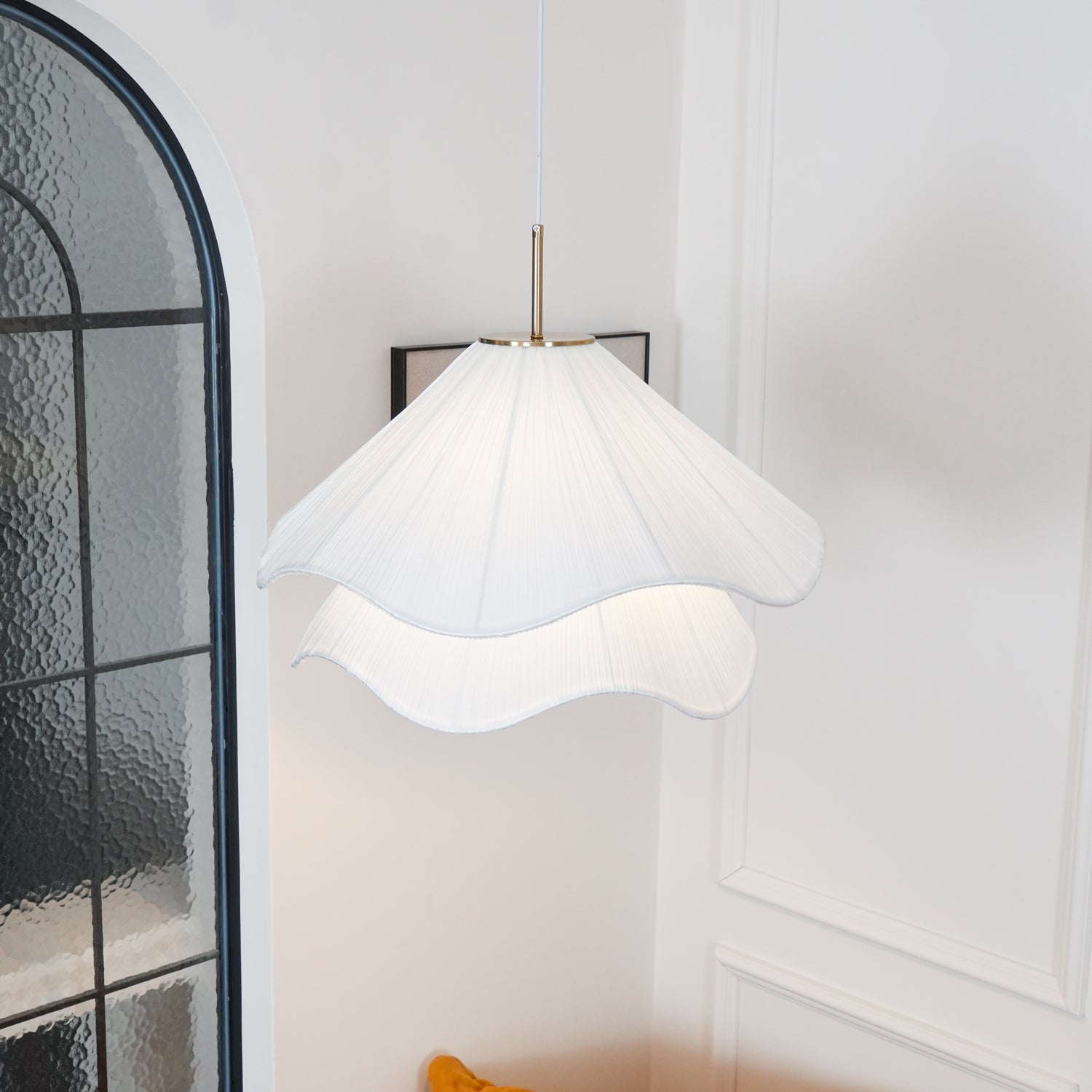Ethereal Bloom Plug-in Pendant Light | White Fabric Shade, Gold Hardware & Ideal for Dining Rooms and Living Spaces