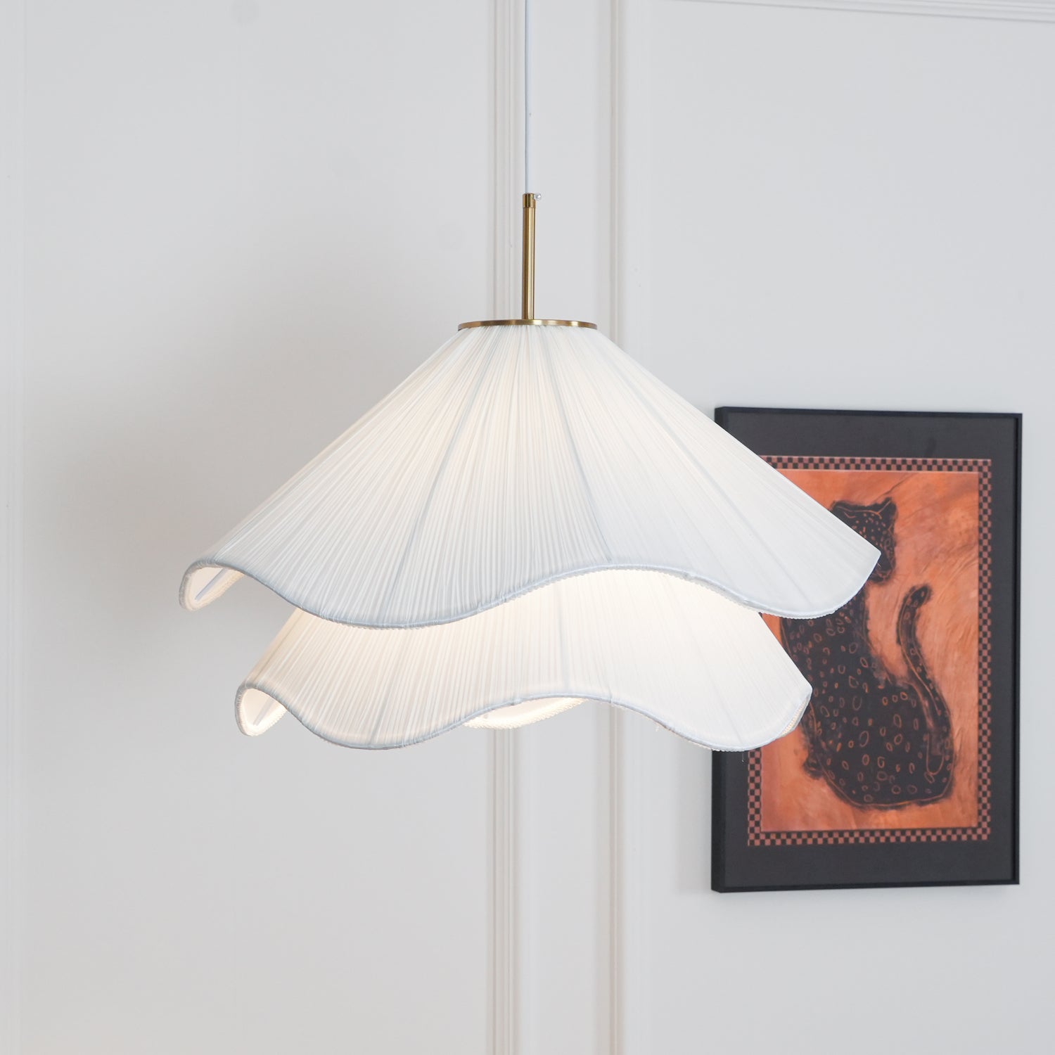 Ethereal Bloom Plug-in Pendant Light | White Fabric Shade, Gold Hardware & Ideal for Dining Rooms and Living Spaces