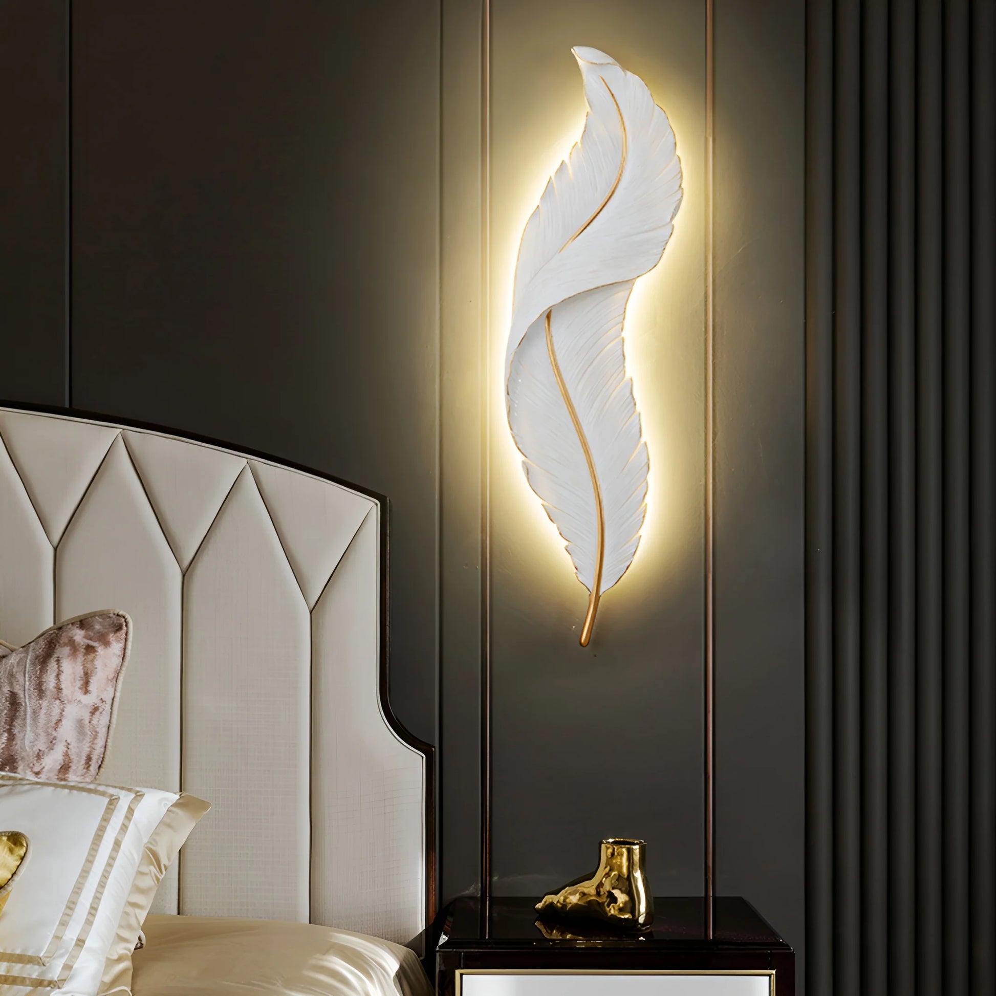 Feather Wall Lamp | Integrated LED, Gold & White Finishes for Modern Bedrooms and Living Spaces