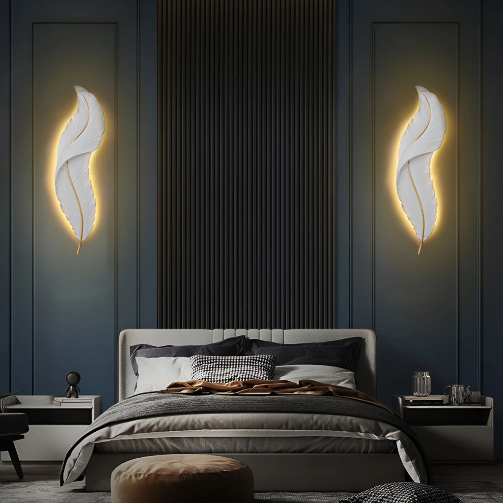 Feather Wall Lamp | Integrated LED, Gold & White Finishes for Modern Bedrooms and Living Spaces