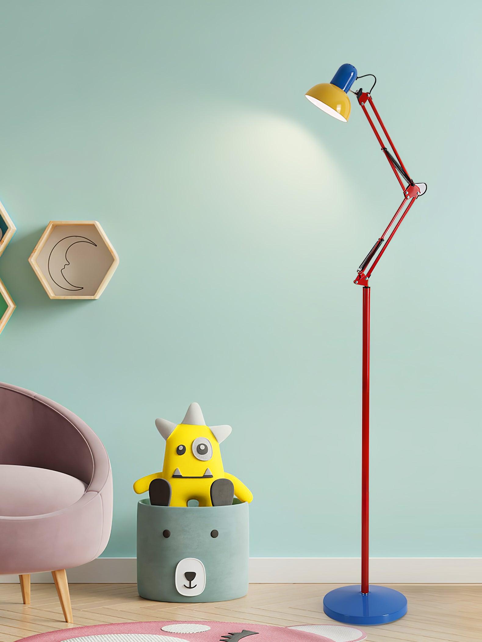 LED Floor Lamp | Adjustable Multi-Jointed Arm, Bright Blue Base & Yellow Shade for Home Office or Reading