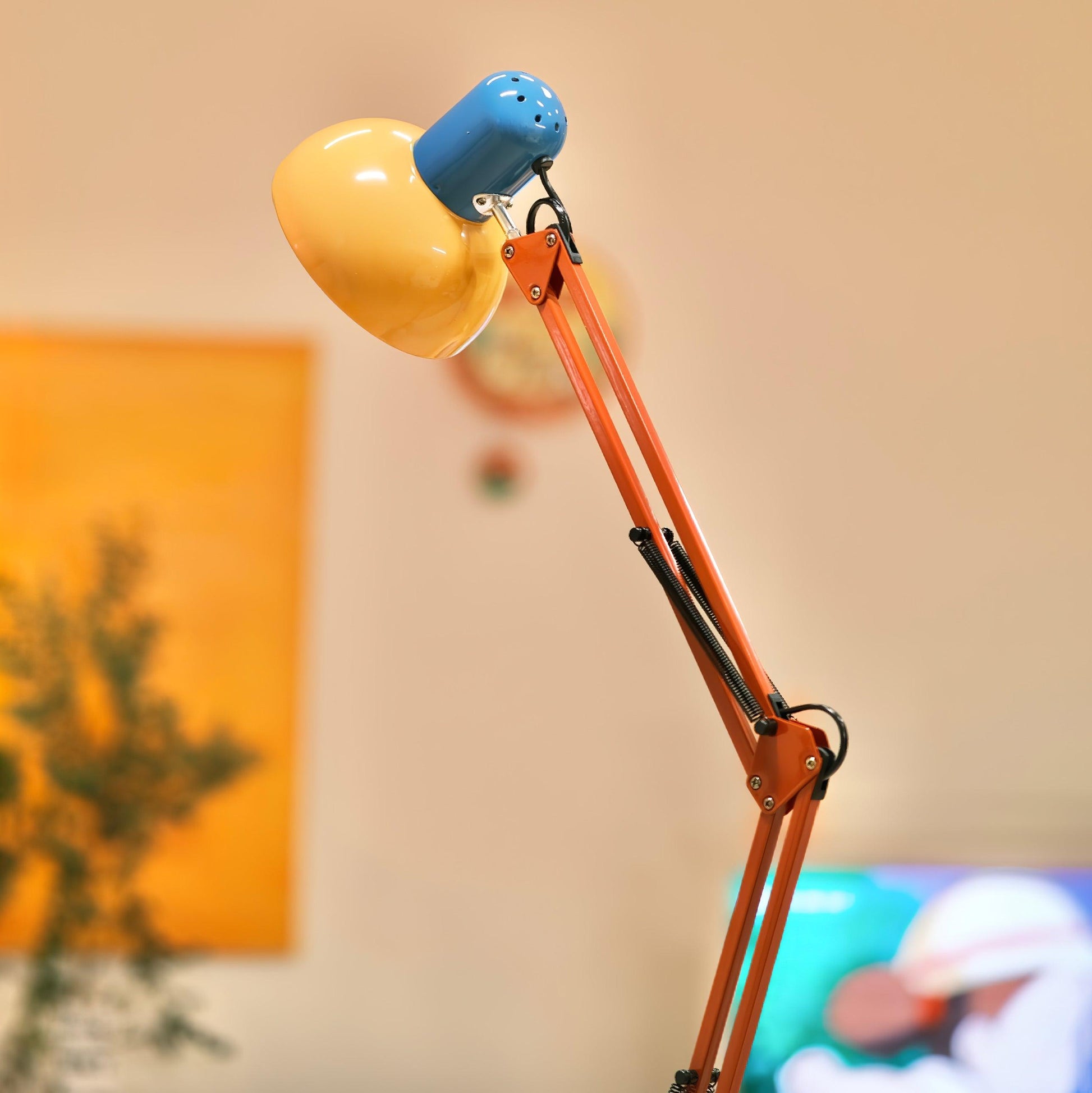 LED Floor Lamp | Adjustable Multi-Jointed Arm, Bright Blue Base & Yellow Shade for Home Office or Reading