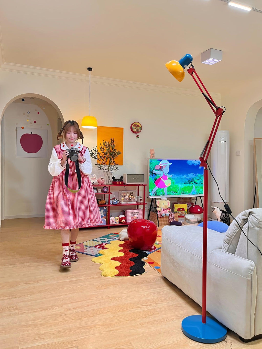 LED Floor Lamp | Adjustable Multi-Jointed Arm, Bright Blue Base & Yellow Shade for Home Office or Reading