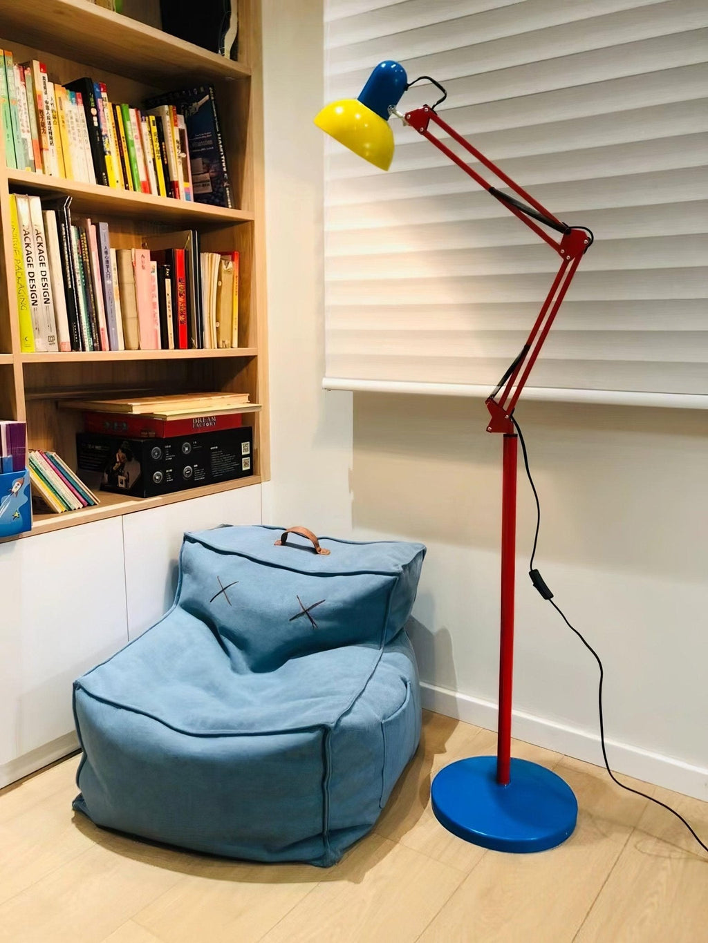 LED Floor Lamp | Adjustable Multi-Jointed Arm, Bright Blue Base & Yellow Shade for Home Office or Reading