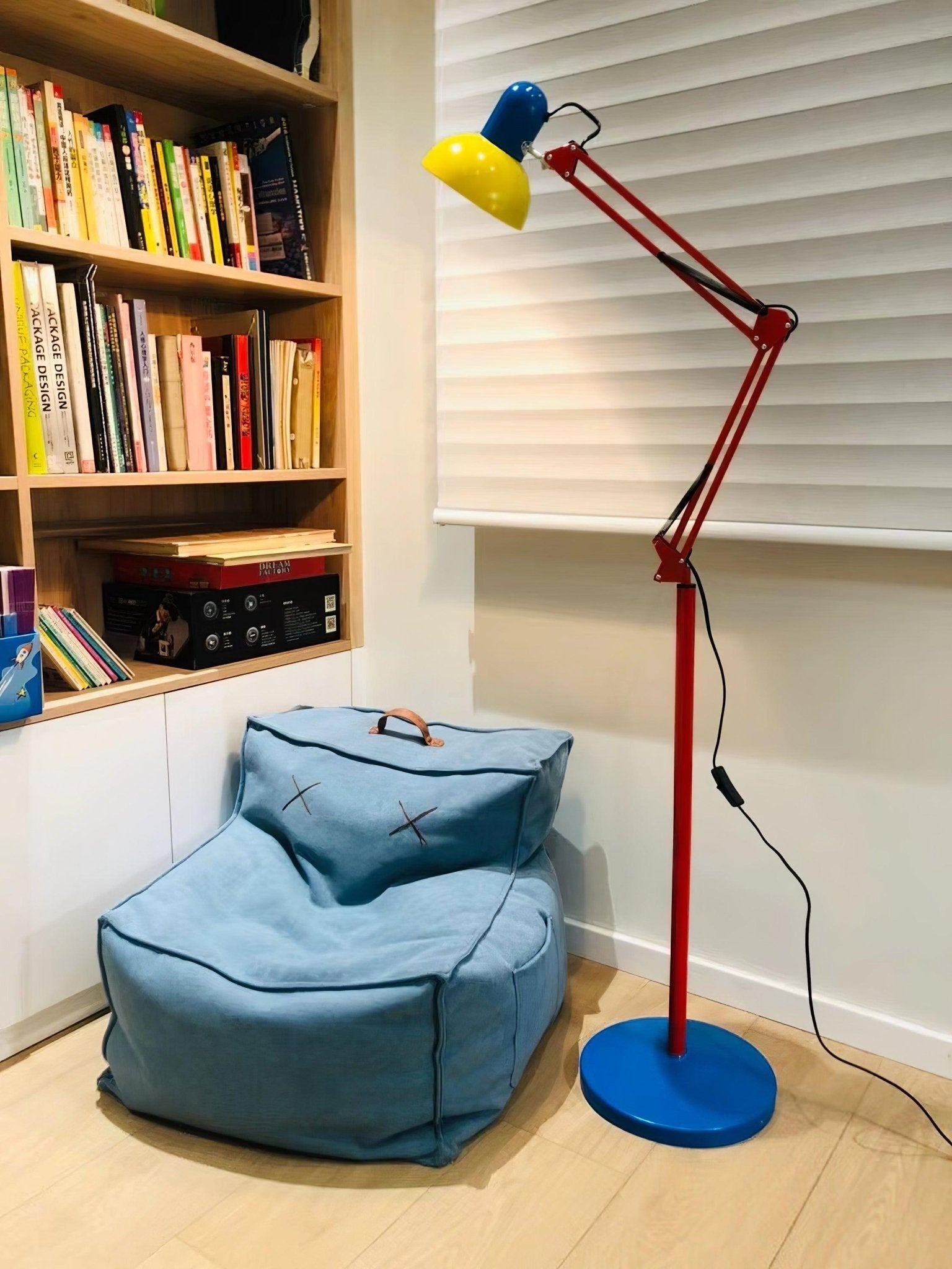 LED Floor Lamp | Adjustable Multi-Jointed Arm, Bright Blue Base & Yellow Shade for Home Office or Reading
