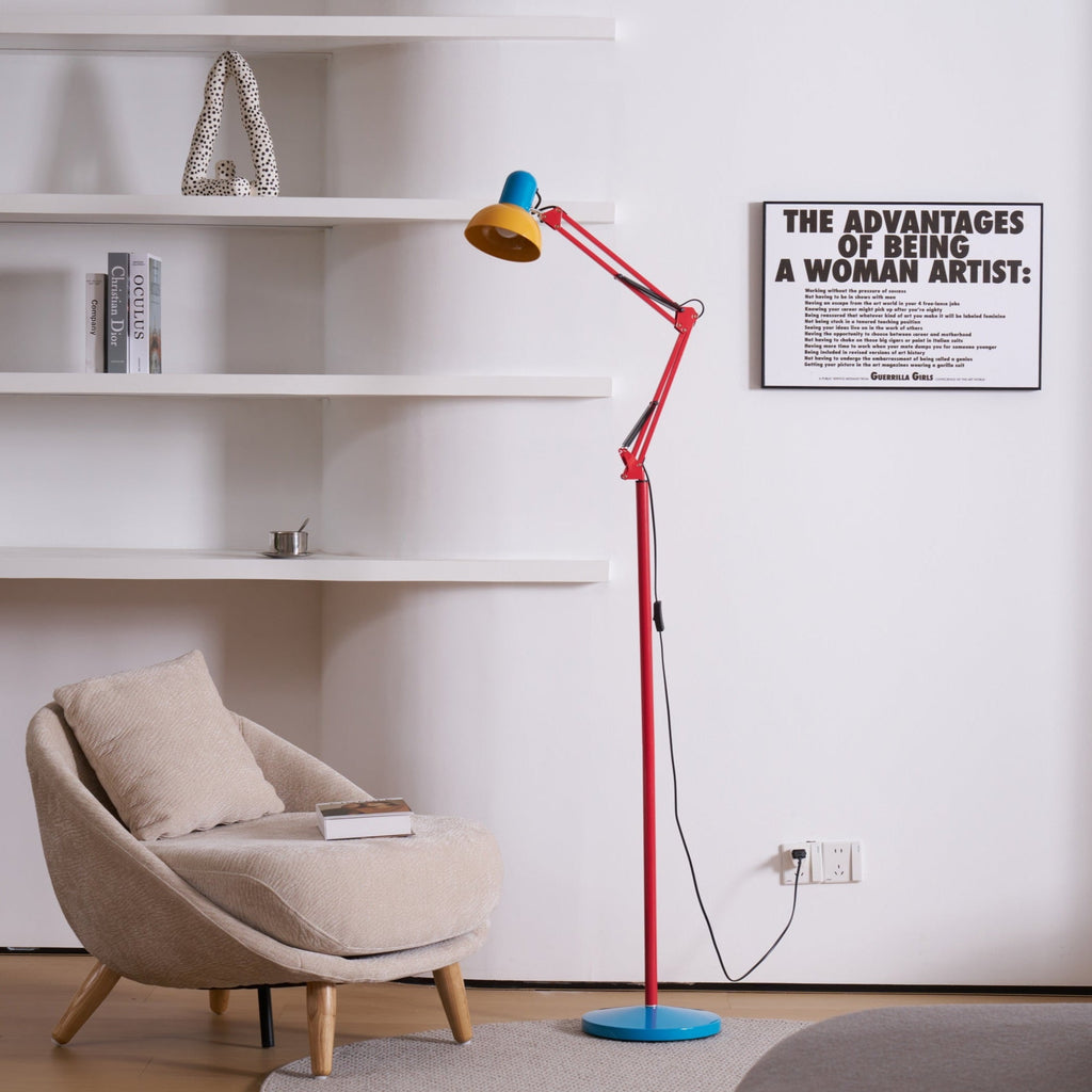 LED Floor Lamp | Adjustable Multi-Jointed Arm, Bright Blue Base & Yellow Shade for Home Office or Reading