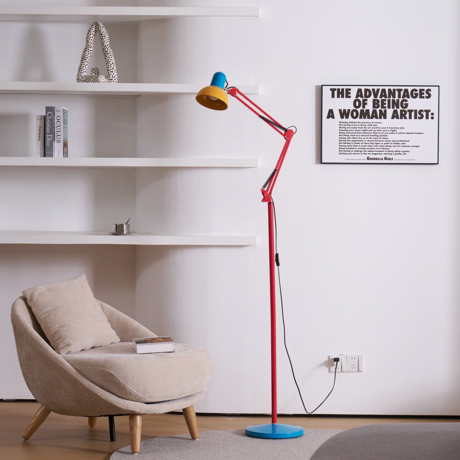 LED Floor Lamp | Adjustable Multi-Jointed Arm, Bright Blue Base & Yellow Shade for Home Office or Reading