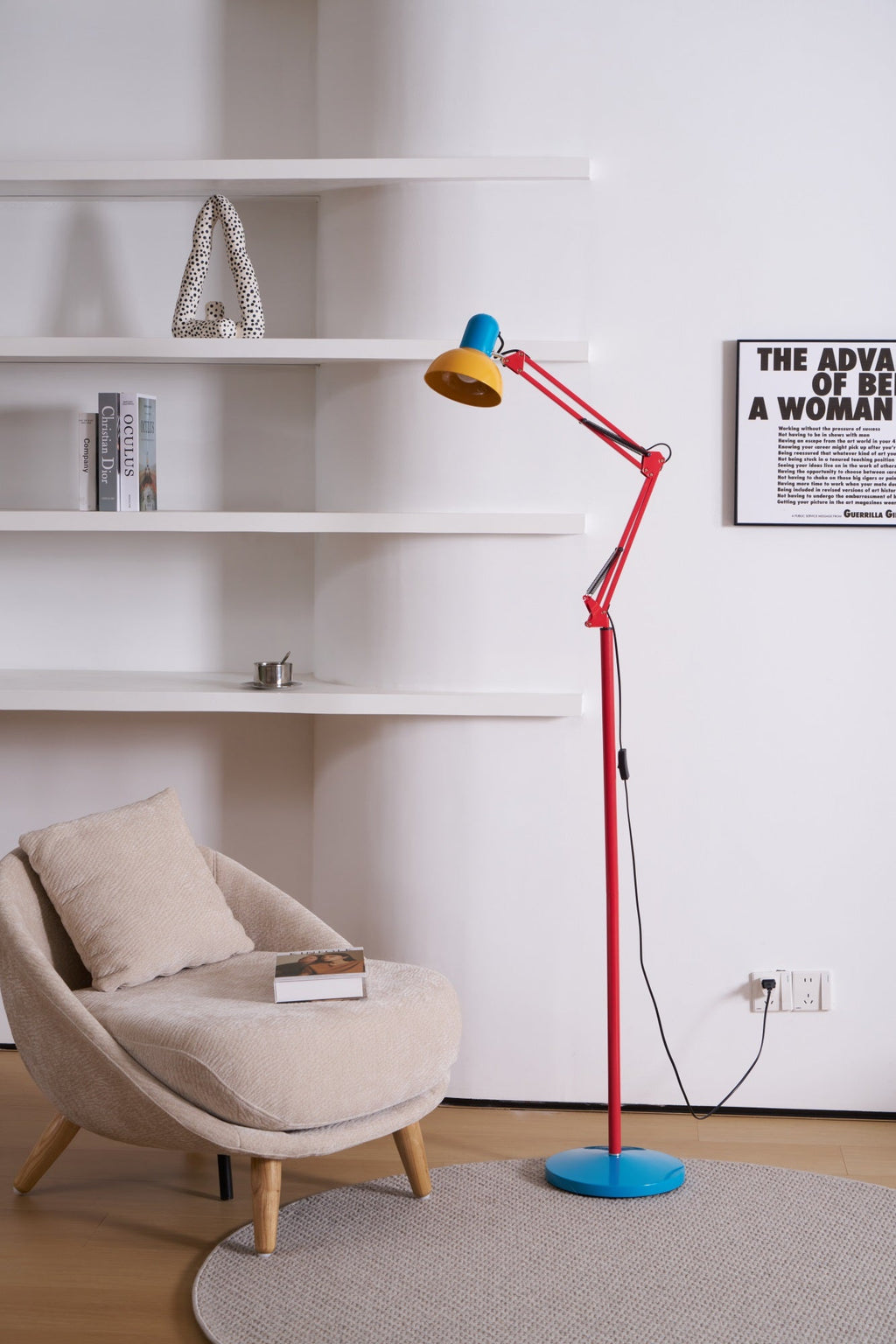 LED Floor Lamp | Adjustable Multi-Jointed Arm, Bright Blue Base & Yellow Shade for Home Office or Reading