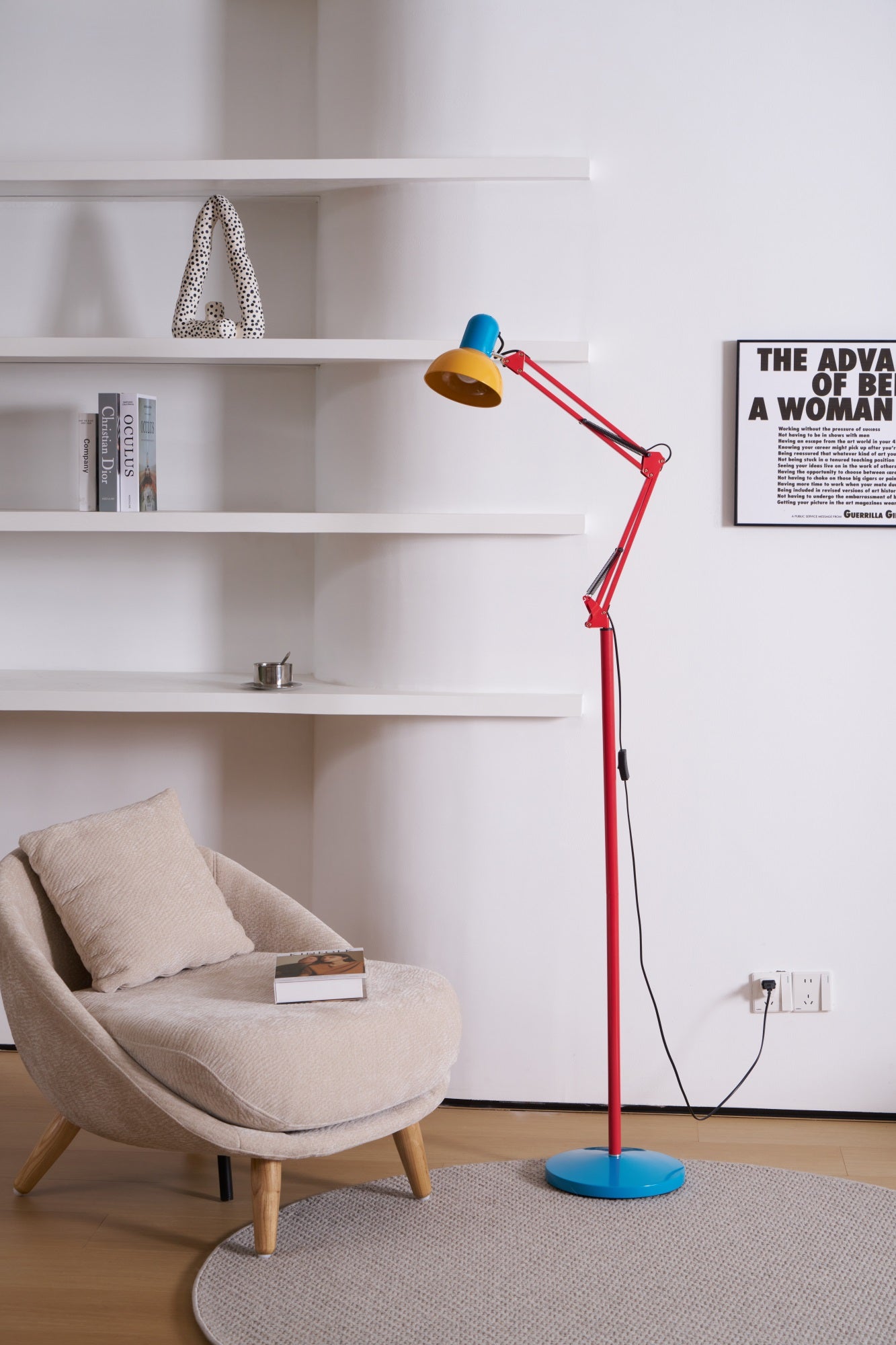LED Floor Lamp | Adjustable Multi-Jointed Arm, Bright Blue Base & Yellow Shade for Home Office or Reading