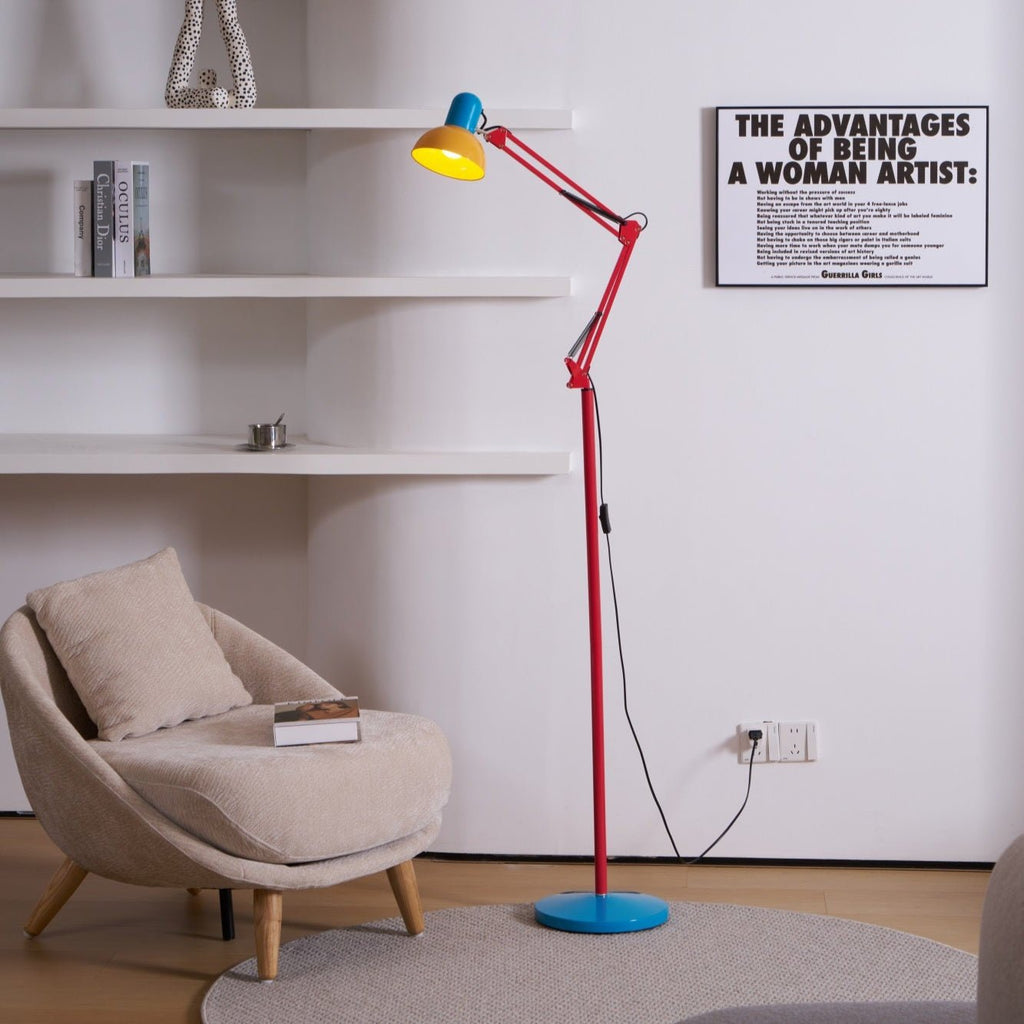 LED Floor Lamp | Adjustable Multi-Jointed Arm, Bright Blue Base & Yellow Shade for Home Office or Reading