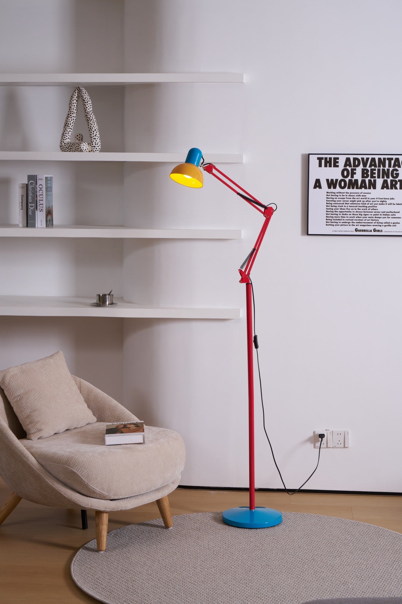 LED Floor Lamp | Adjustable Multi-Jointed Arm, Bright Blue Base & Yellow Shade for Home Office or Reading