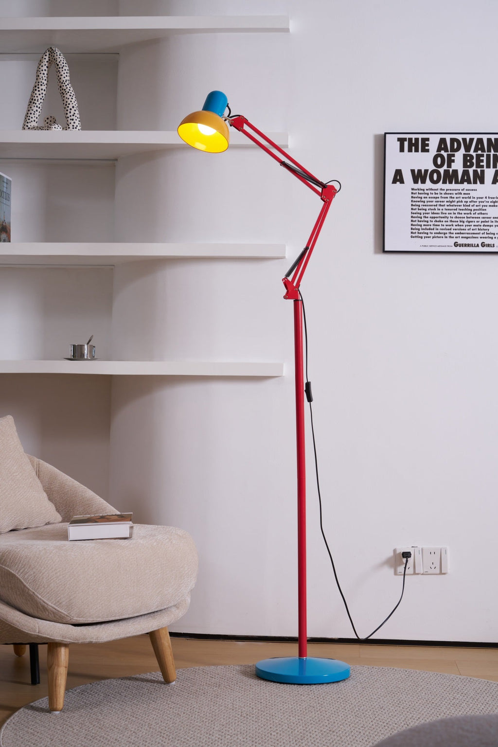 LED Floor Lamp | Adjustable Multi-Jointed Arm, Bright Blue Base & Yellow Shade for Home Office or Reading