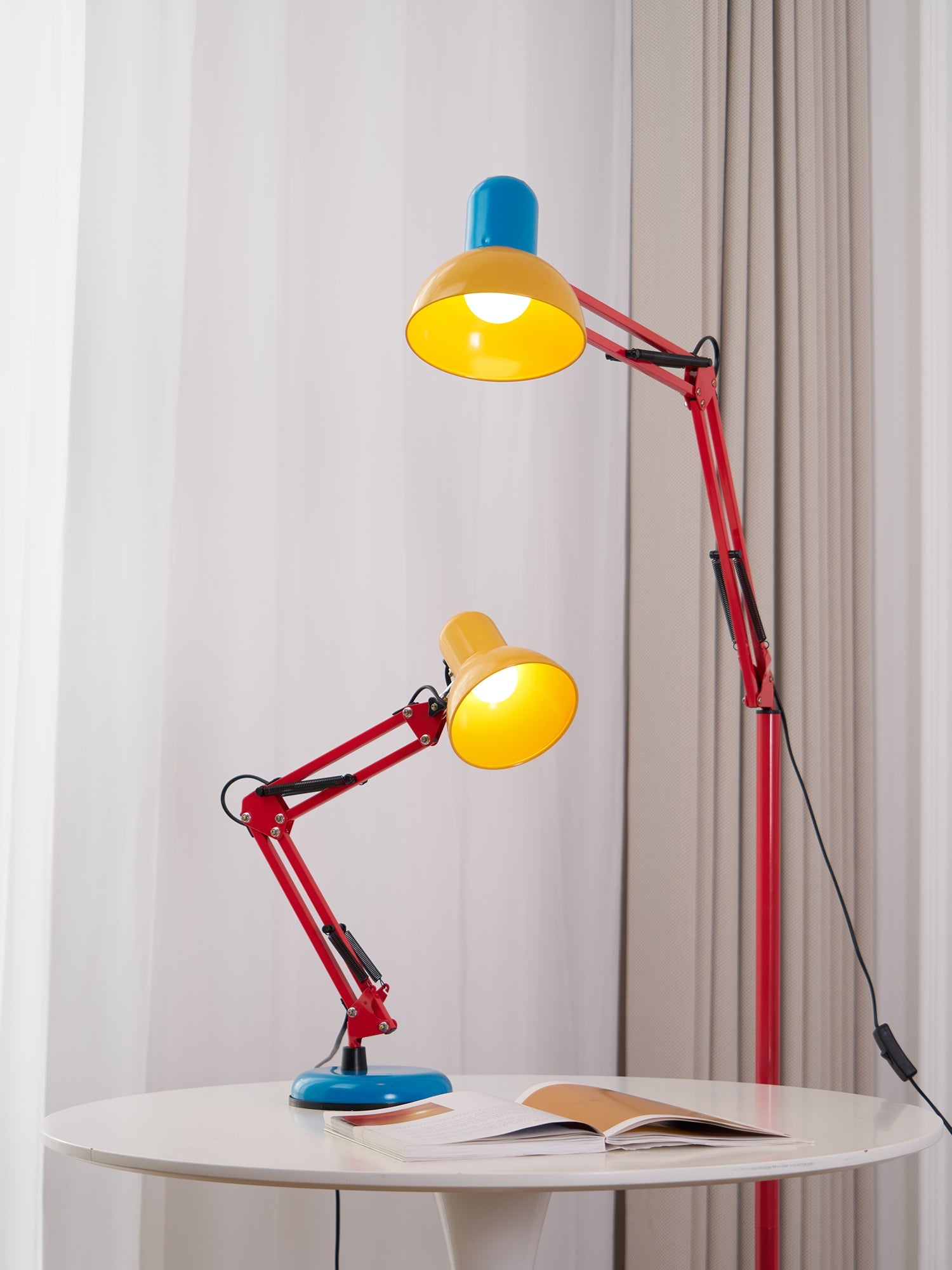 LED Floor Lamp | Adjustable Multi-Jointed Arm, Bright Blue Base & Yellow Shade for Home Office or Reading