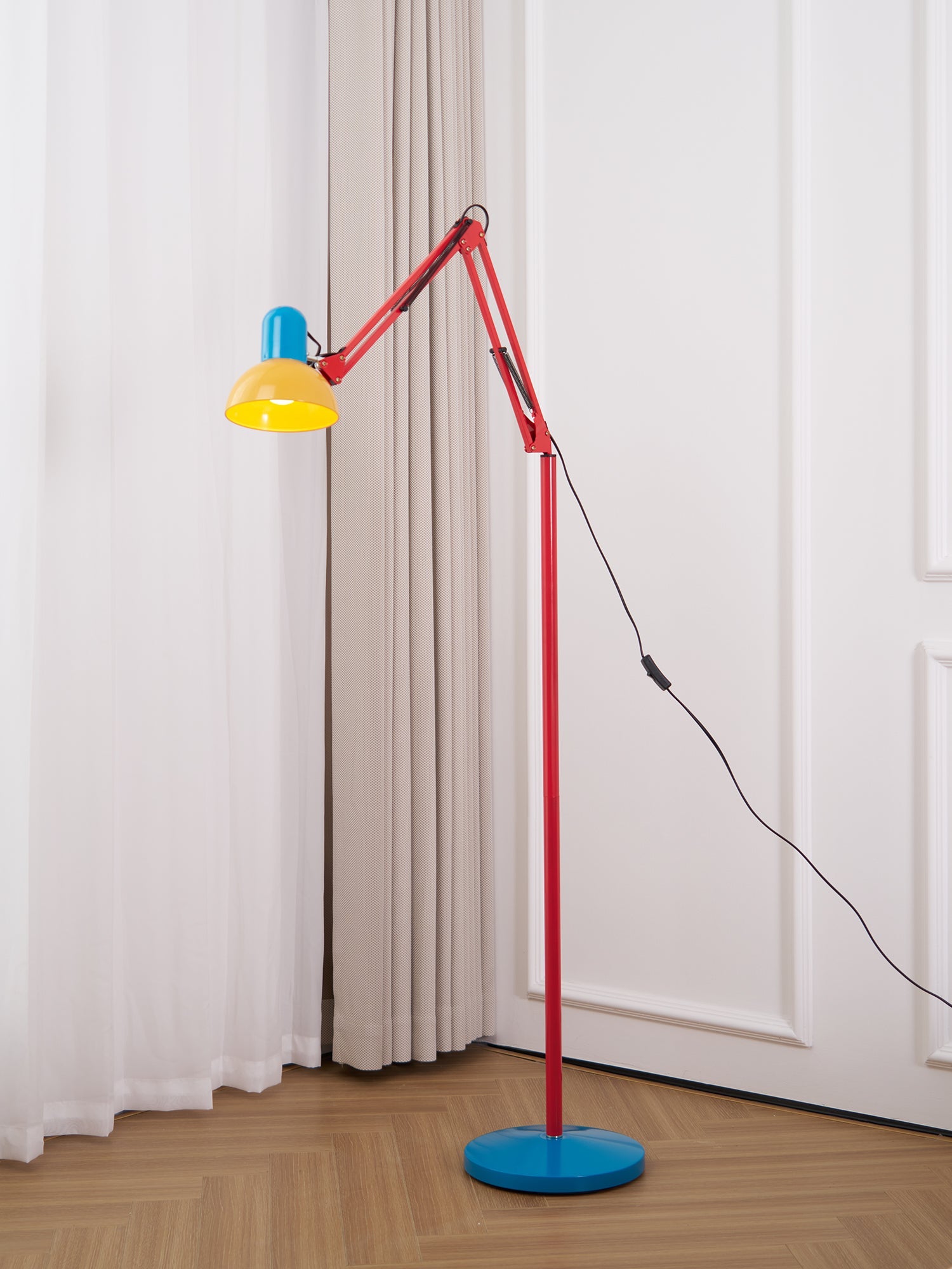 LED Floor Lamp | Adjustable Multi-Jointed Arm, Bright Blue Base & Yellow Shade for Home Office or Reading