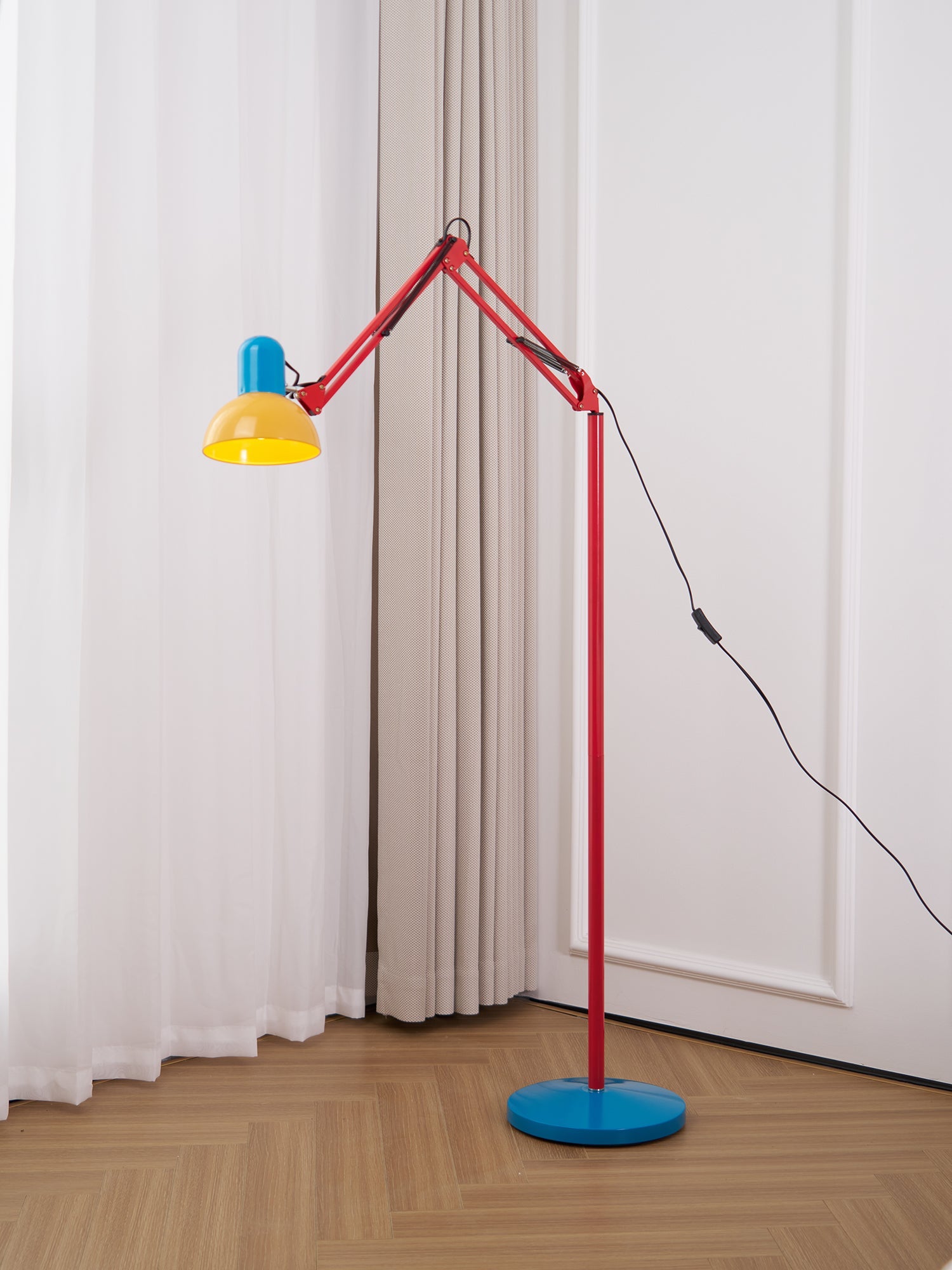 LED Floor Lamp | Adjustable Multi-Jointed Arm, Bright Blue Base & Yellow Shade for Home Office or Reading